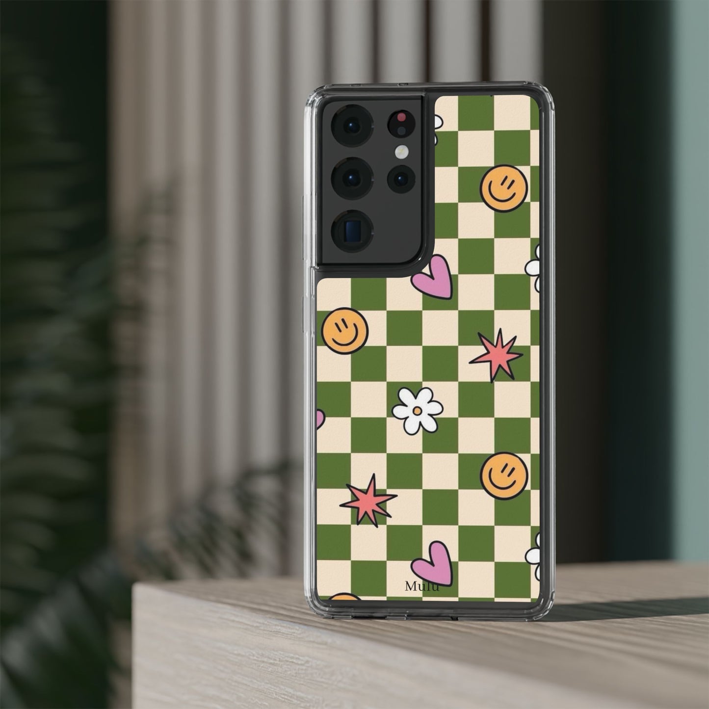 Clear Impact-Resistant Case — Retro Green Checkerboard with Smiley, Hearts & Flowers