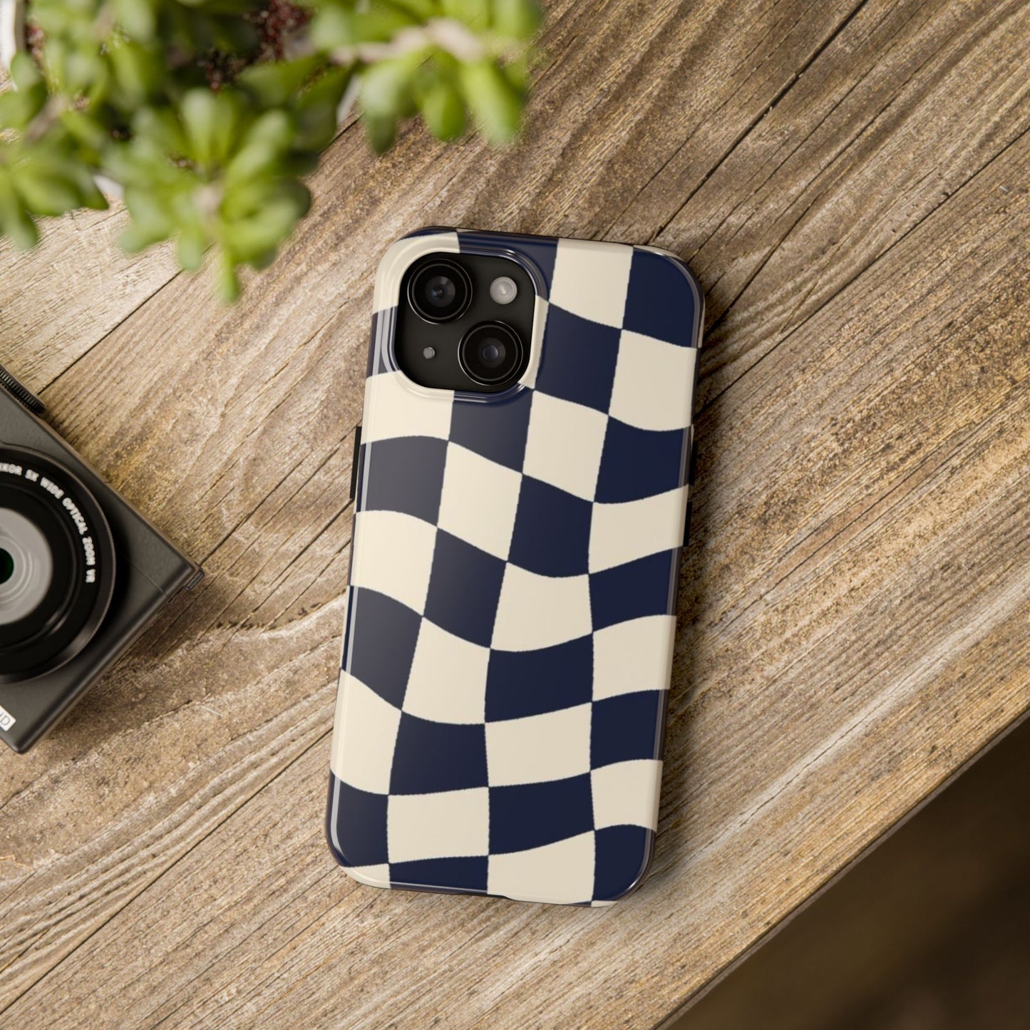 Wavy Checkerboard Tough Phone Case — Navy & Cream Protective Cover