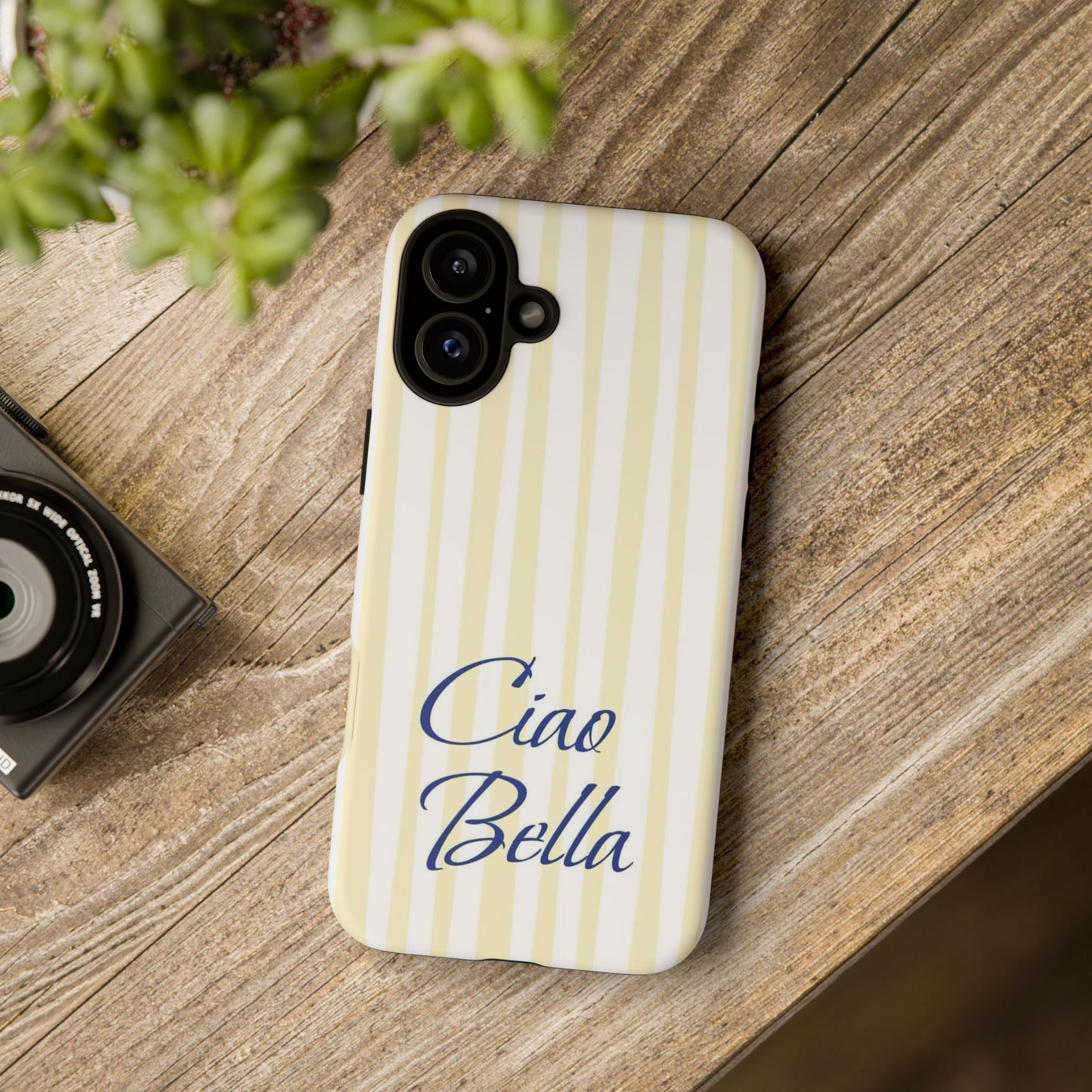 Ciao Bella Phone Case – Striped Elegant Italian Script Protective Cover