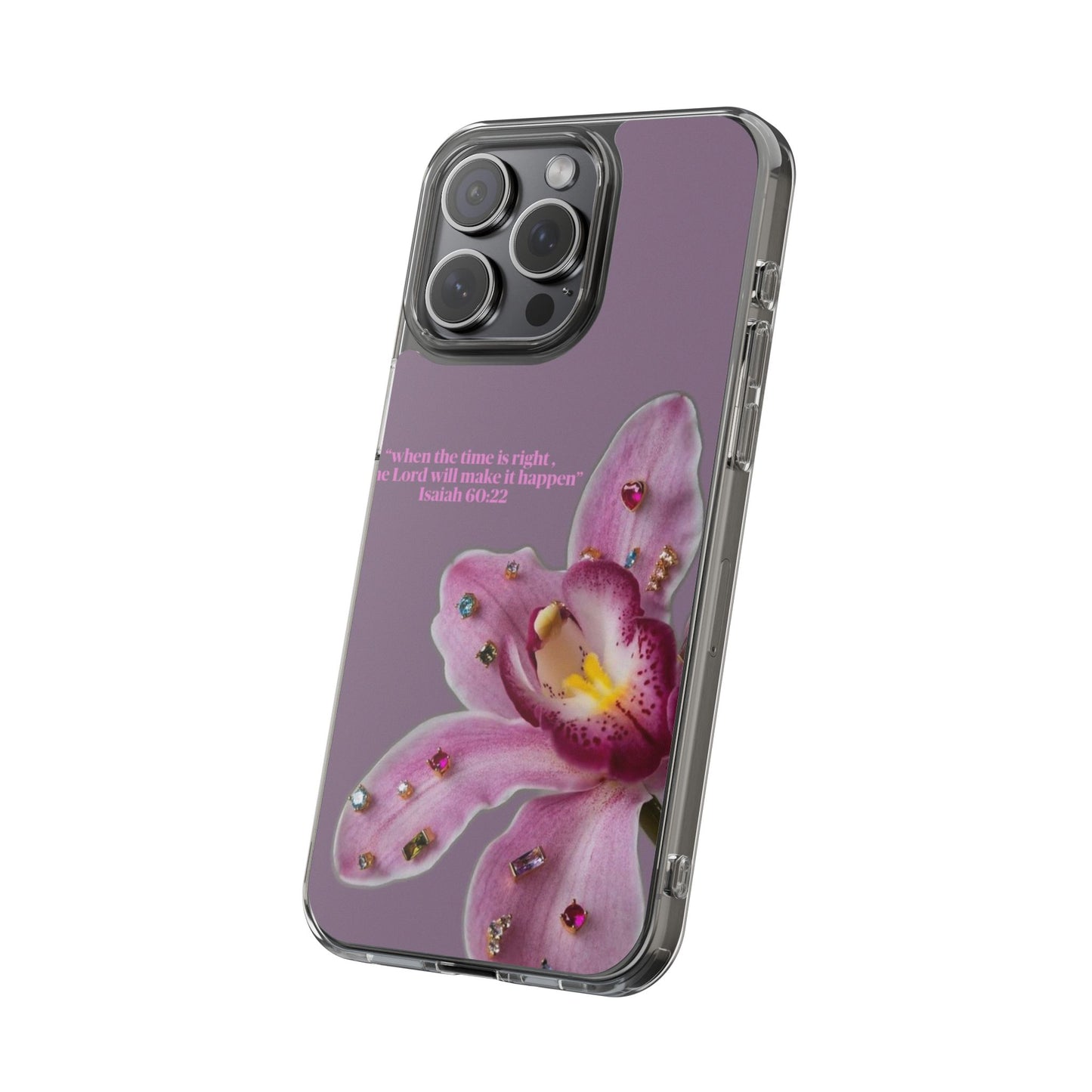 Clear Floral Impact-Resistant Phone Case — "When the time is right" Rose Orchid Design