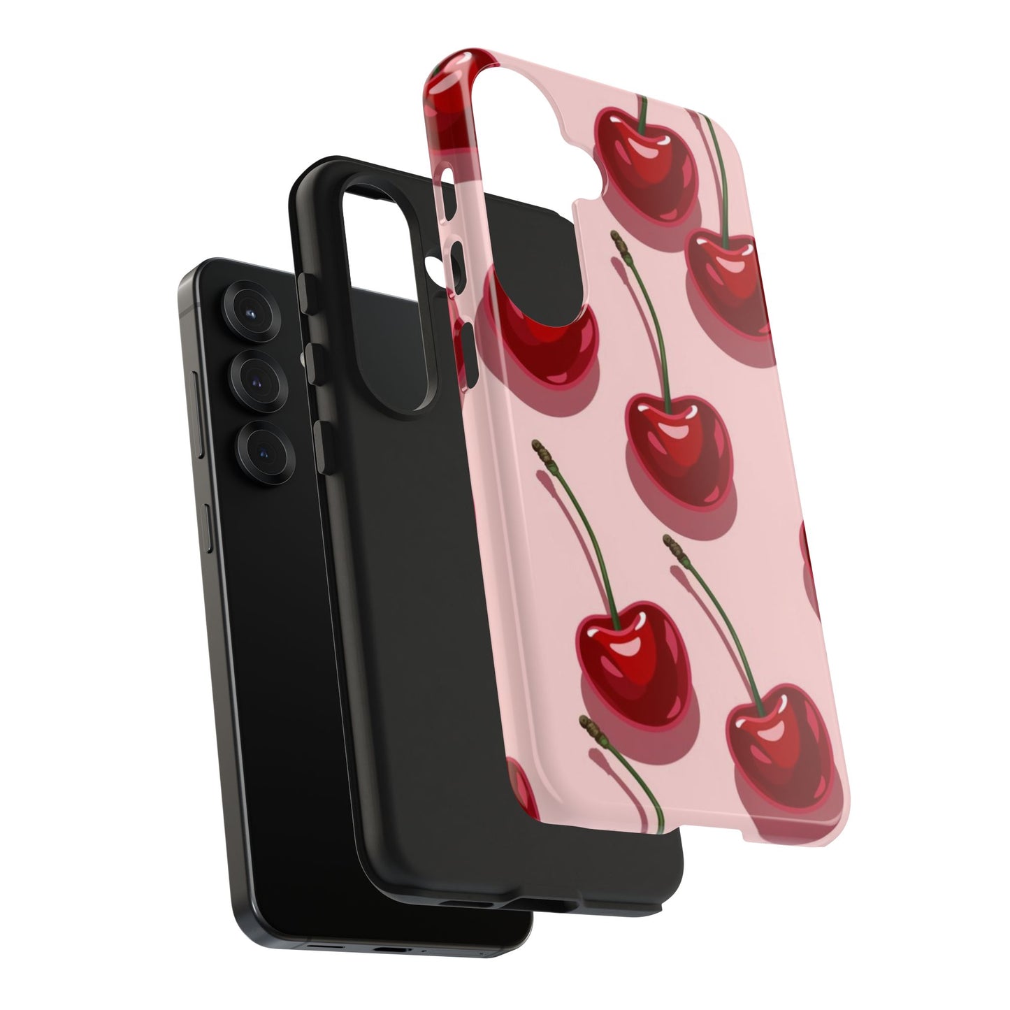 Cherry Pattern Tough Phone Case — Retro Pink Cherry Print Protective Phone Case