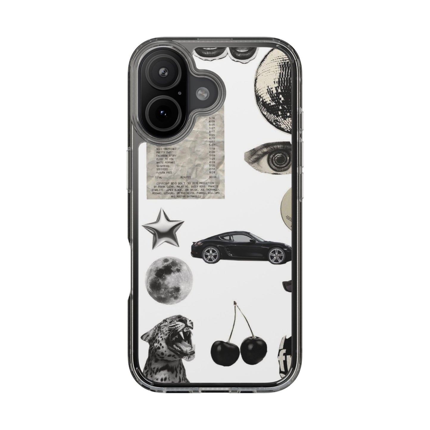 Clear Phone Case — Vintage Collage Stickers (Moon, Eye, Car, Cherries)