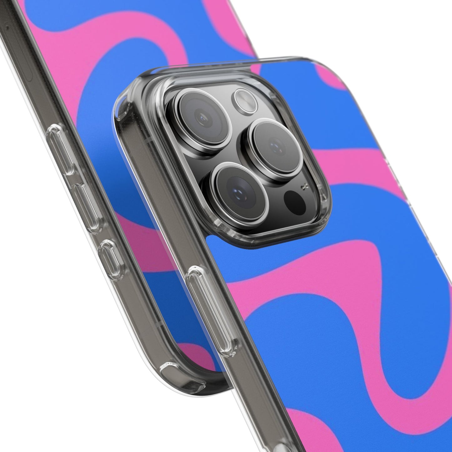 Clear Impact-Resistant Phone Case — Retro Blue & Pink Abstract Swirl