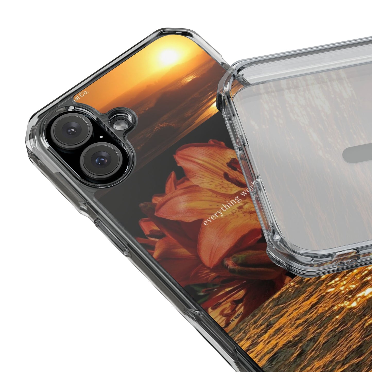 Clear Magnetic Phone Case — Sunset Lily Design ("anything waits for you")