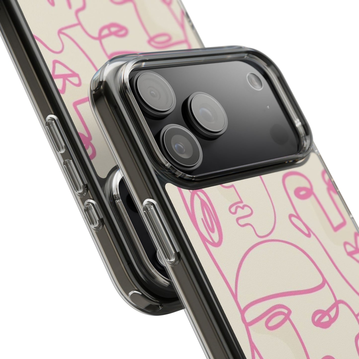 Clear Impact-Resistant Phone Case — Pink Minimalist Line Faces Design