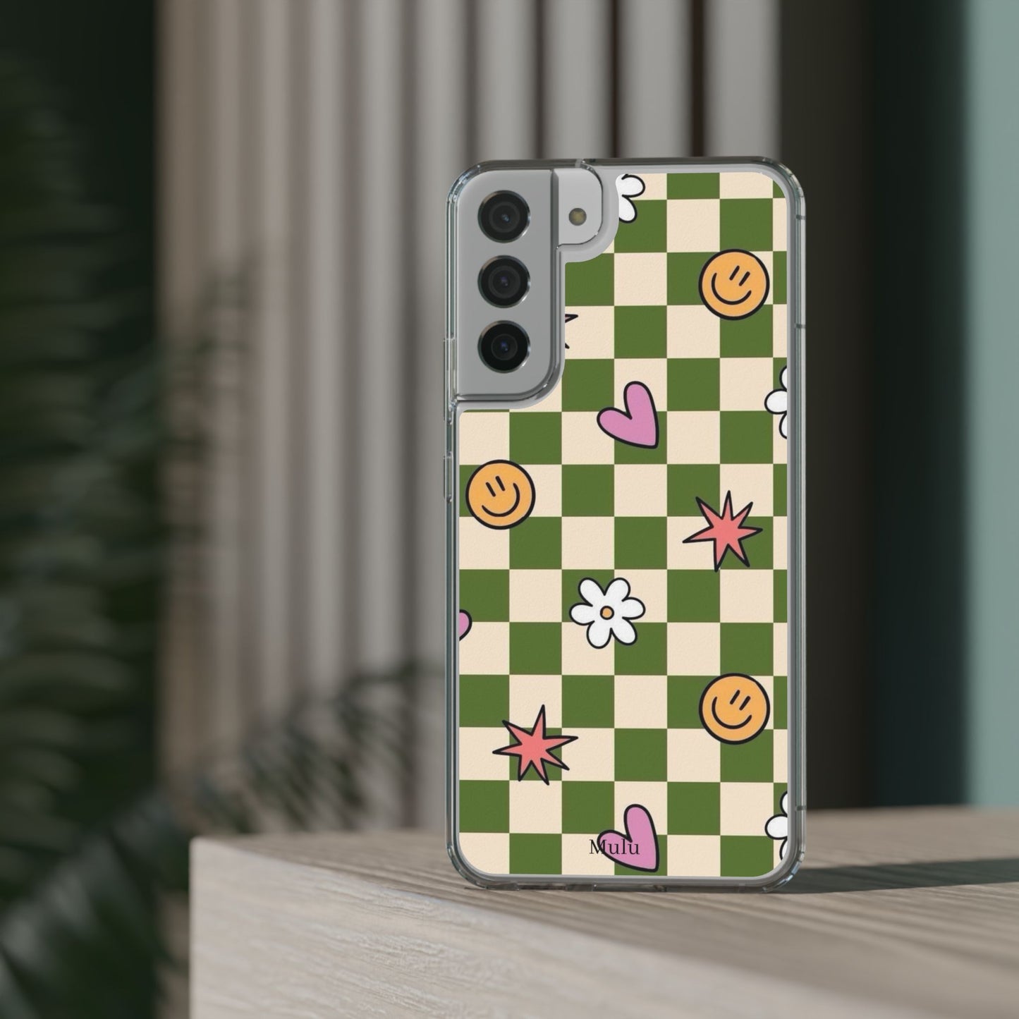 Clear Impact-Resistant Case — Retro Green Checkerboard with Smiley, Hearts & Flowers