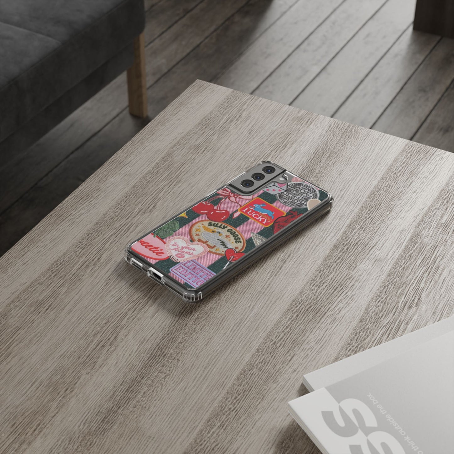 Clear Impact-Resistant Phone Case — Retro Patchwork Stickers (Lucky, Cherries, Silly Goose)