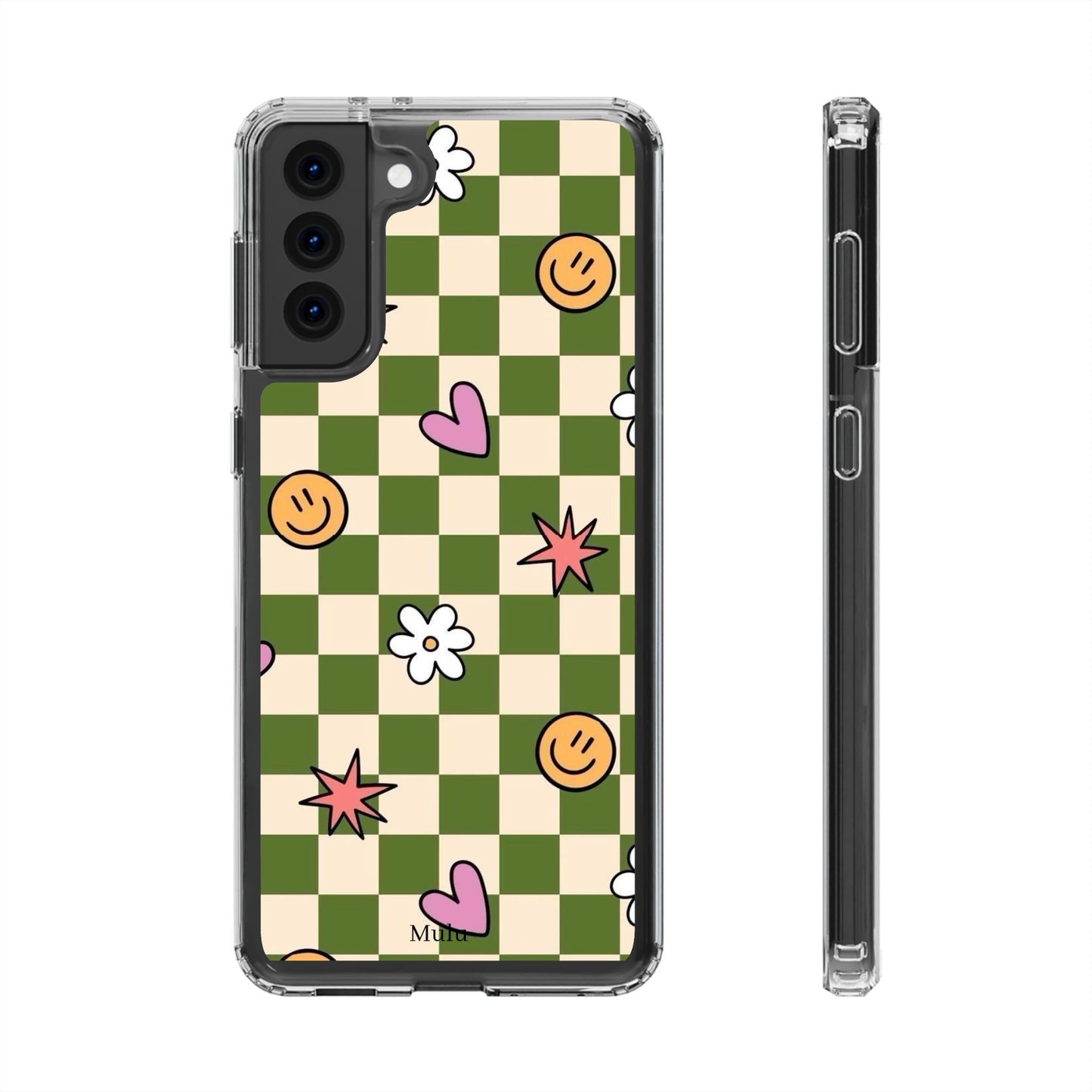 Clear Impact-Resistant Case — Retro Green Checkerboard with Smiley, Hearts & Flowers
