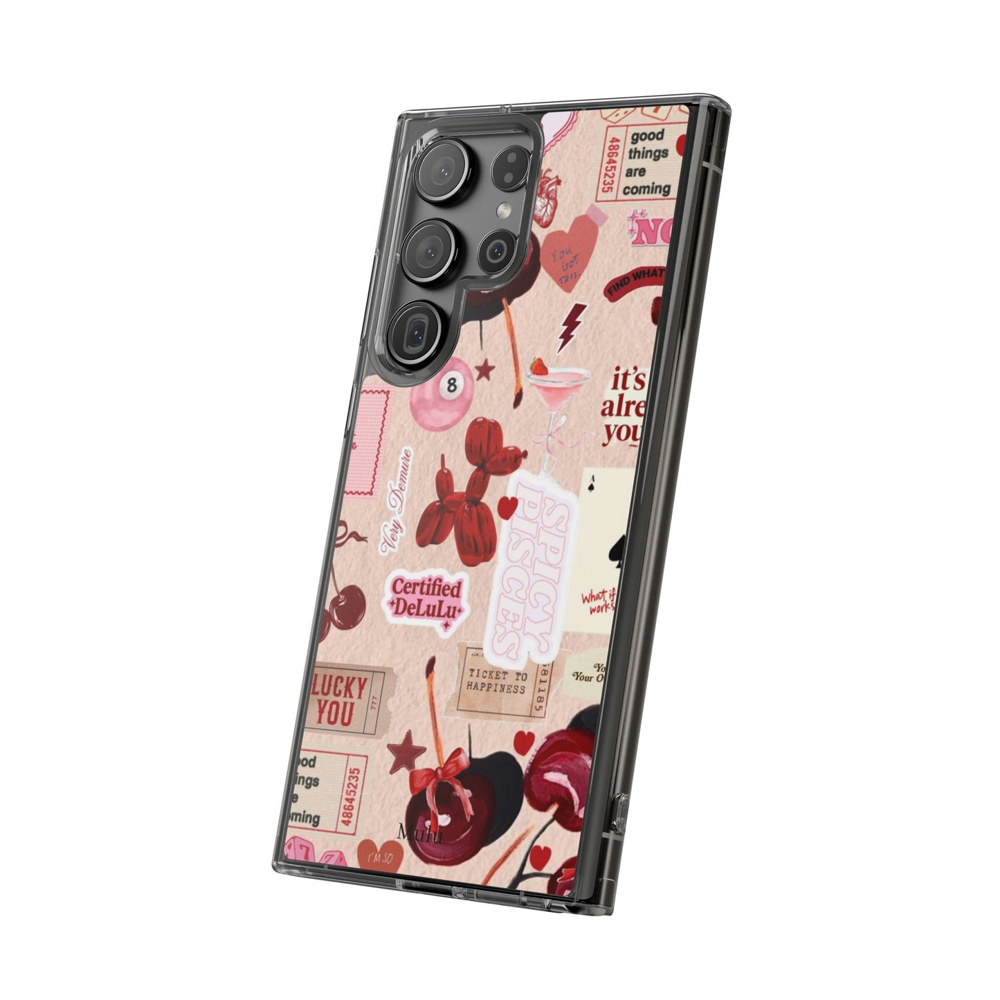 Clear Impact-Resistant Phone Case — Retro Cherry & Sticker Collage