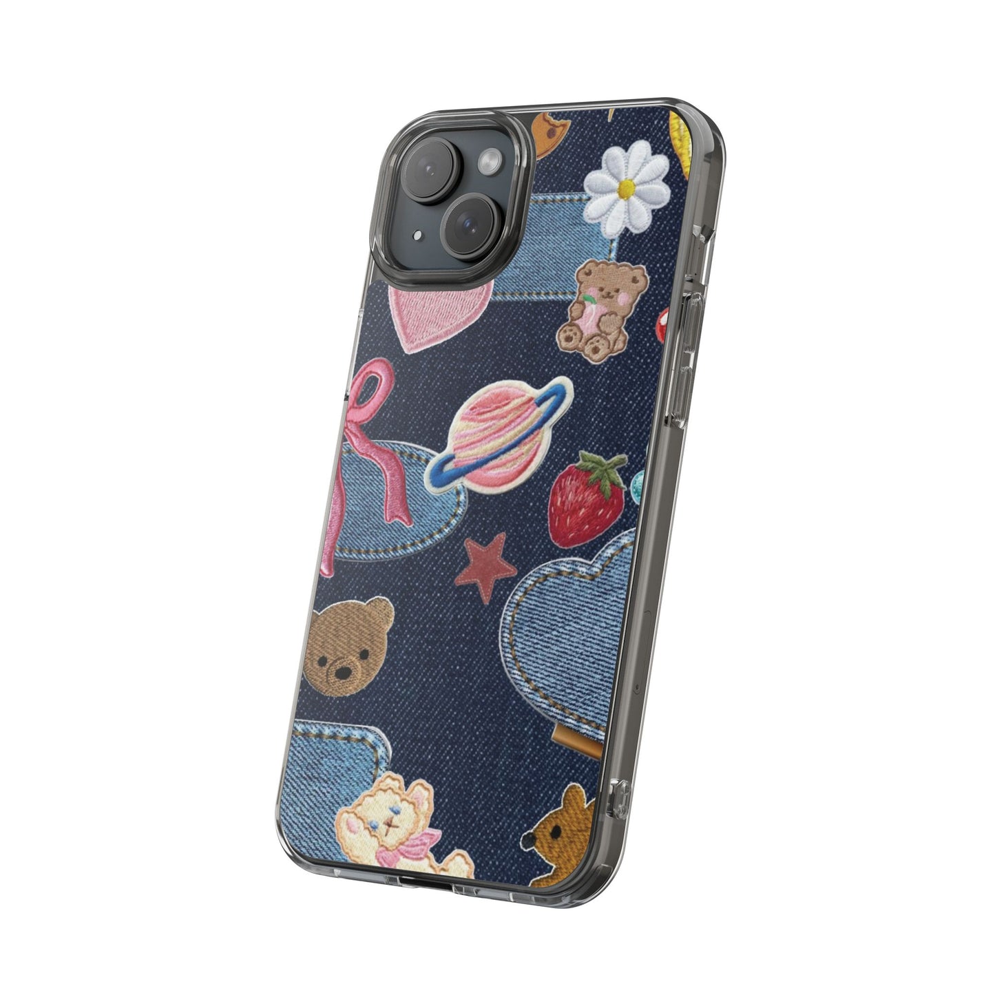 Clear Impact-Resistant Phone Case — Cute Denim Patch Collage (Teddy, Strawberry, Planet)