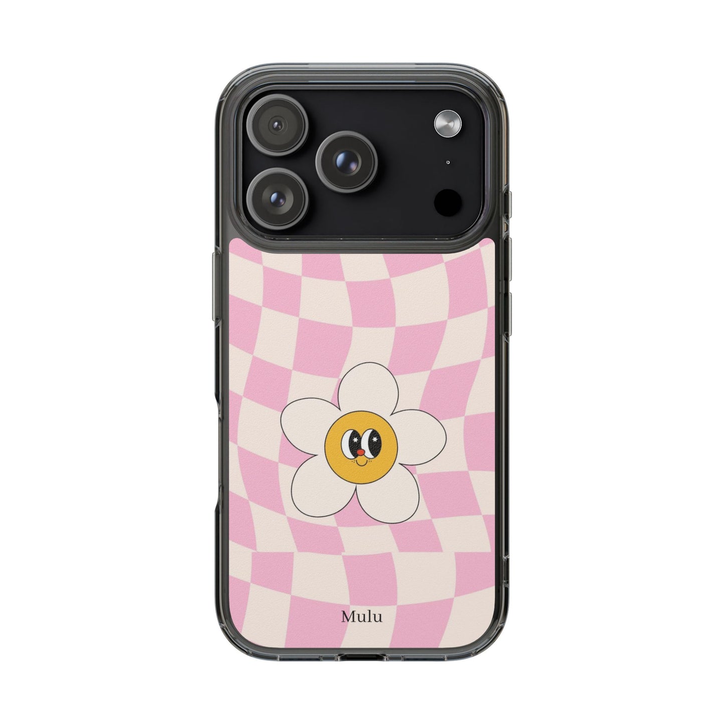 Clear Impact-Resistant Phone Case — Pink Checkerboard Daisy Design