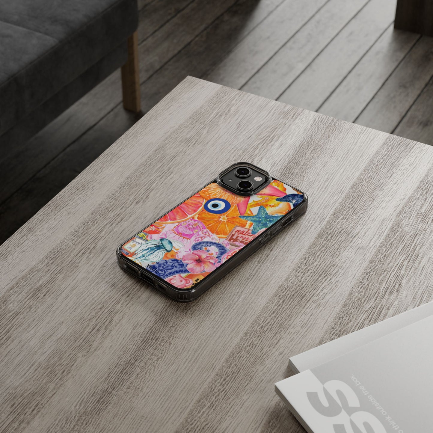 Clear Impact-Resistant Phone Case — Colorful Tropical Collage Design