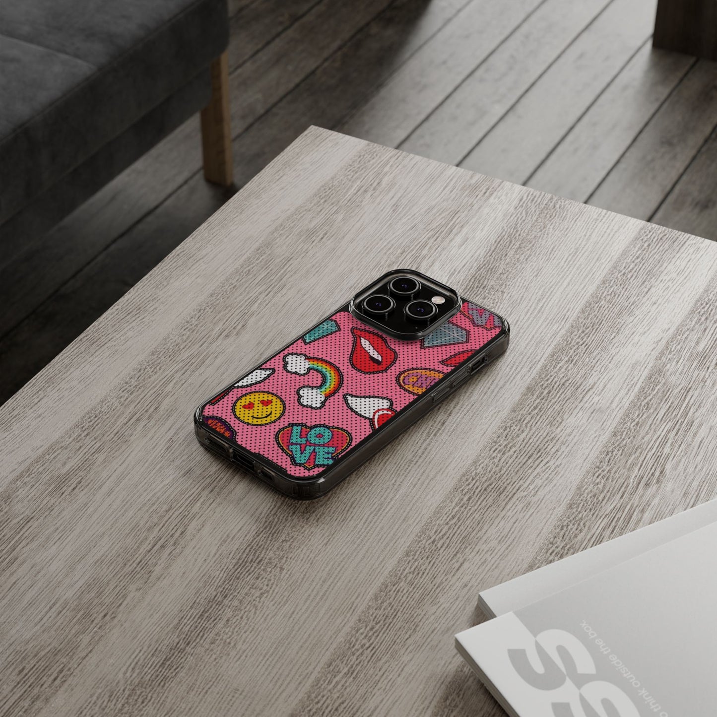 Clear Impact-Resistant Phone Case — Pink Pop Sticker Pattern (Hearts, Rainbows, Smileys)