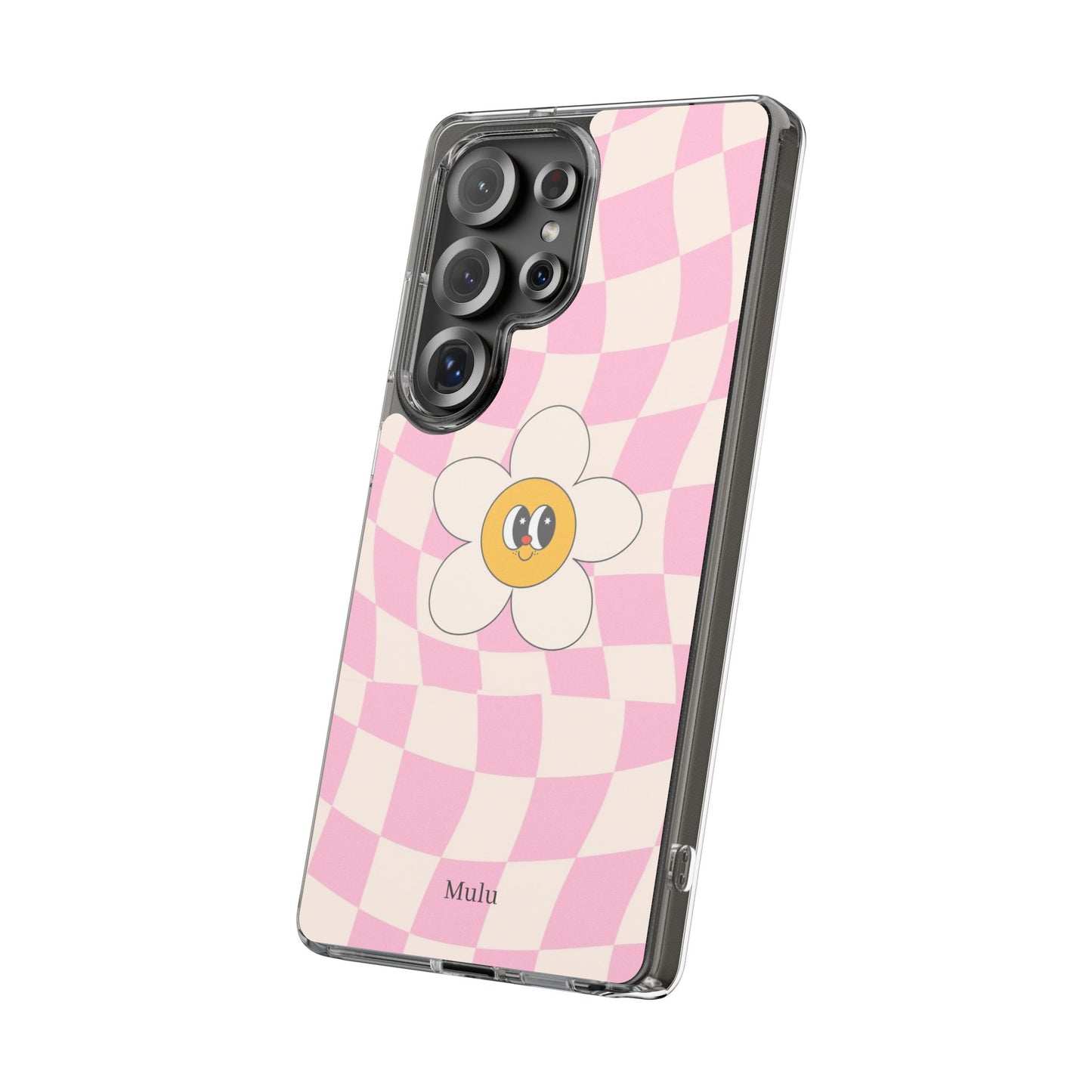 Clear Impact-Resistant Phone Case — Pink Checkerboard Daisy Design