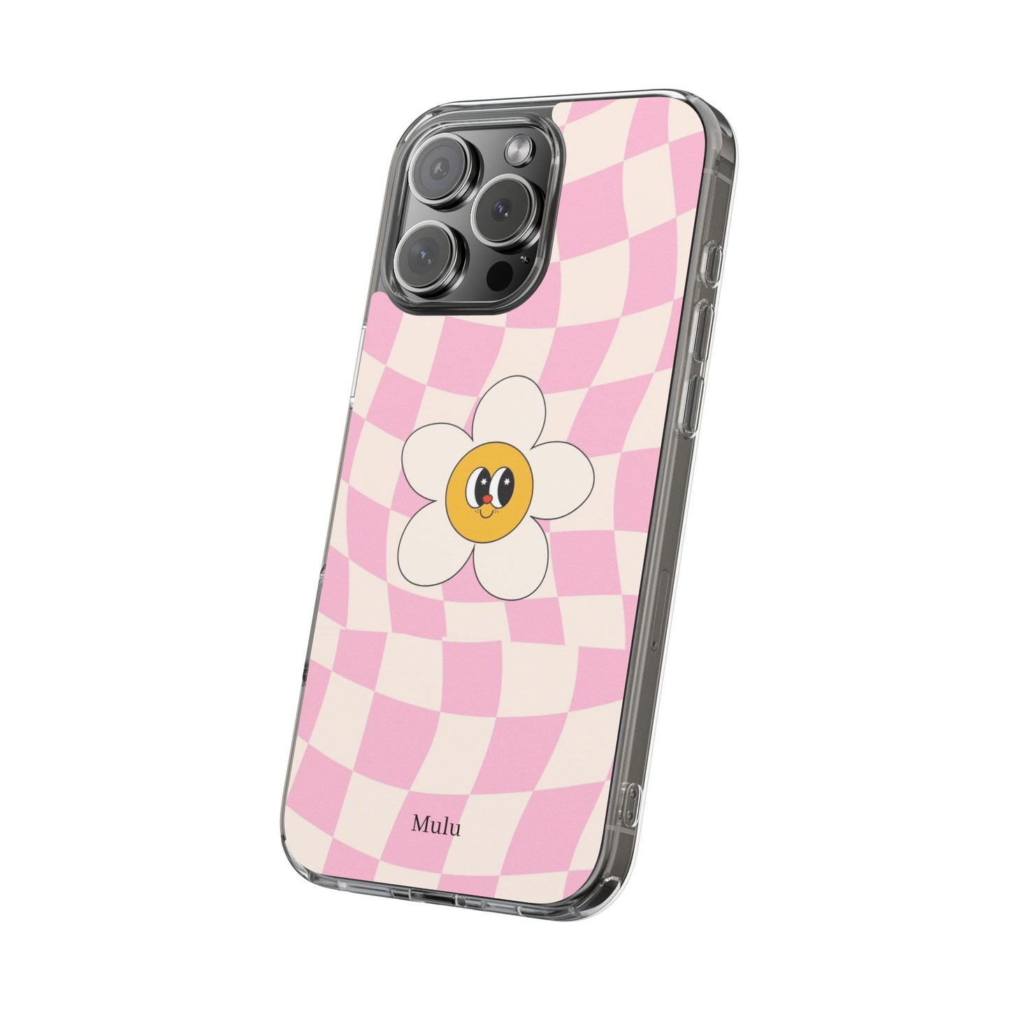 Clear Impact-Resistant Phone Case — Pink Checkerboard Daisy Design
