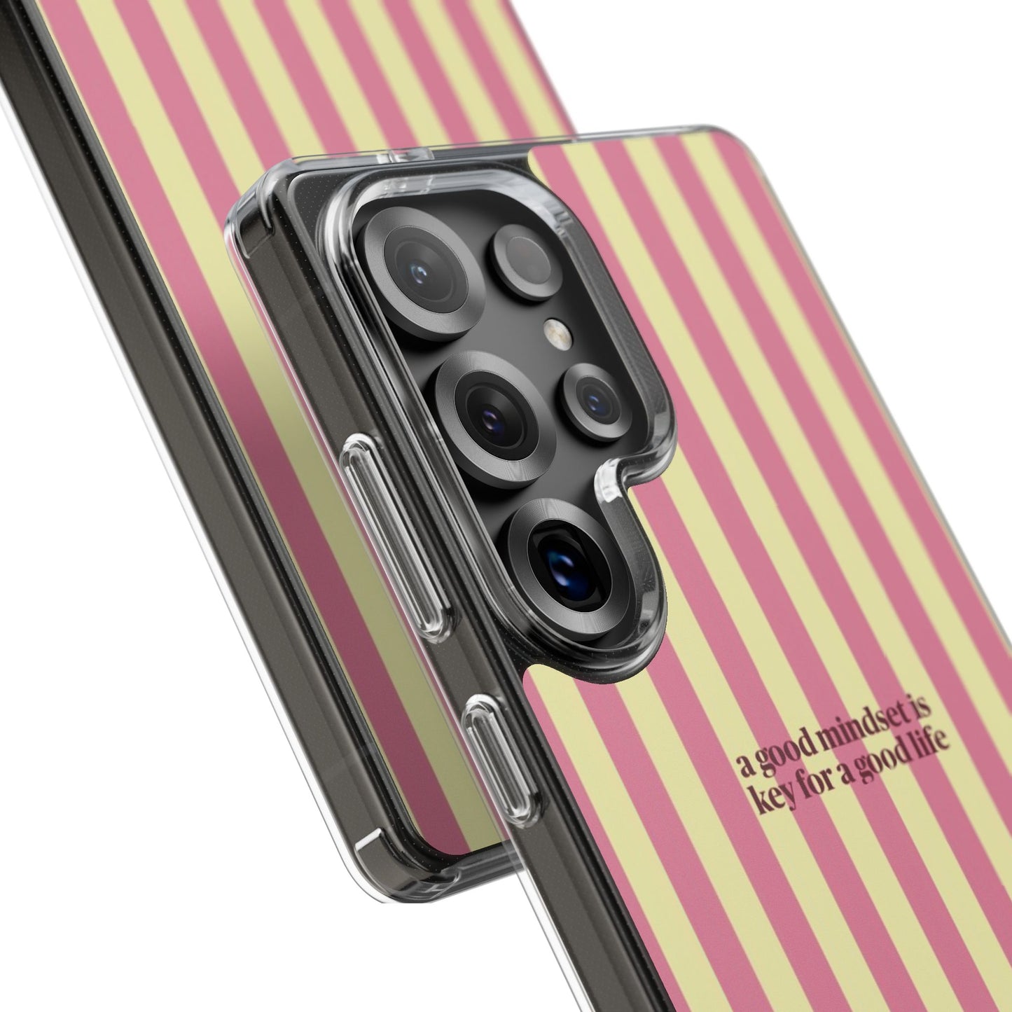 Striped Clear Phone Case — "A Good Mindset Is Key for a Good Life" Motivational iPhone Case