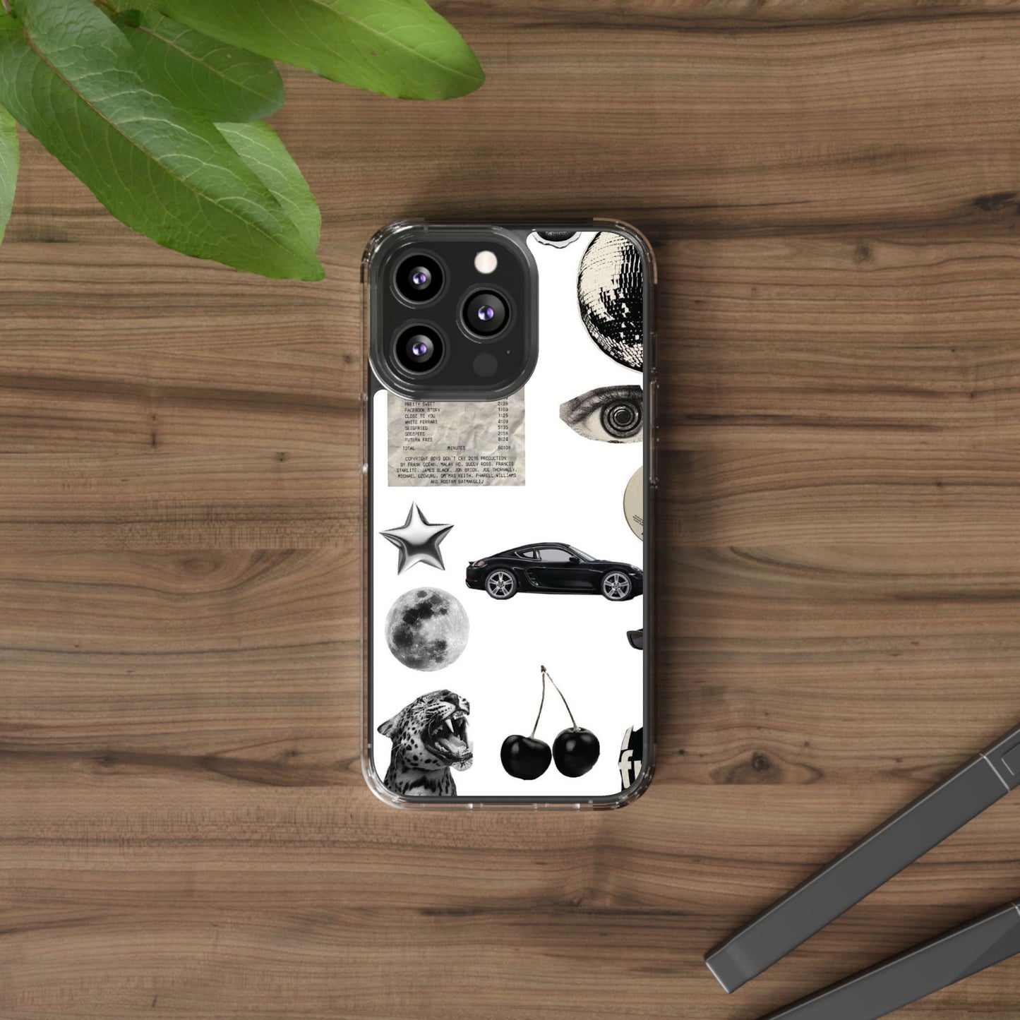 Clear Phone Case — Vintage Collage Stickers (Moon, Eye, Car, Cherries)