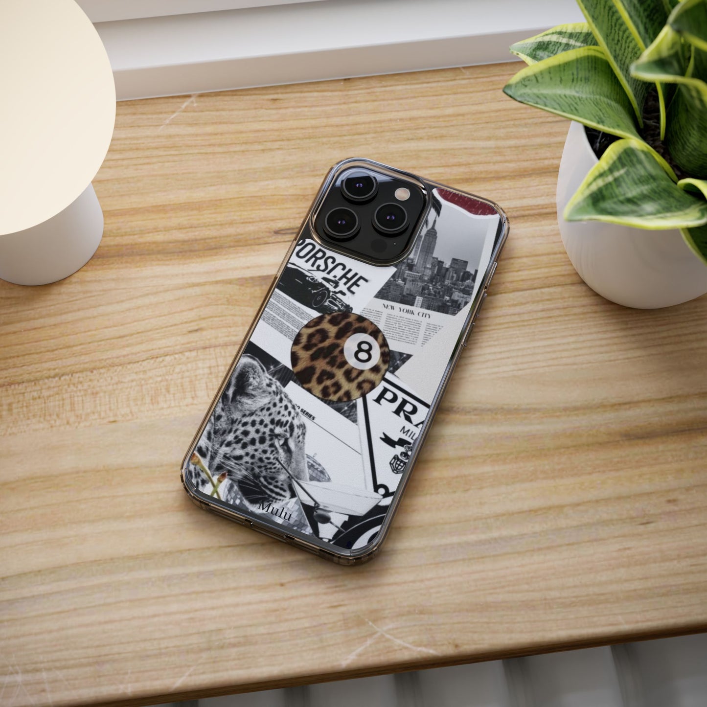 Clear Impact-Resistant Phone Case — Collage Luxury Leopard & Vintage Car Design
