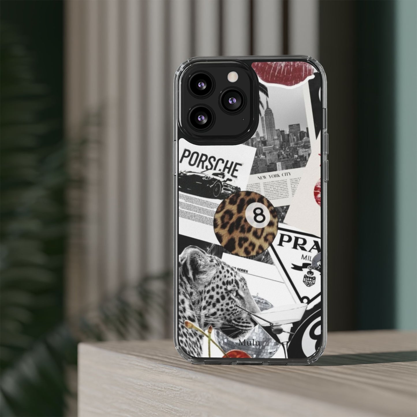 Clear Impact-Resistant Phone Case — Collage Luxury Leopard & Vintage Car Design