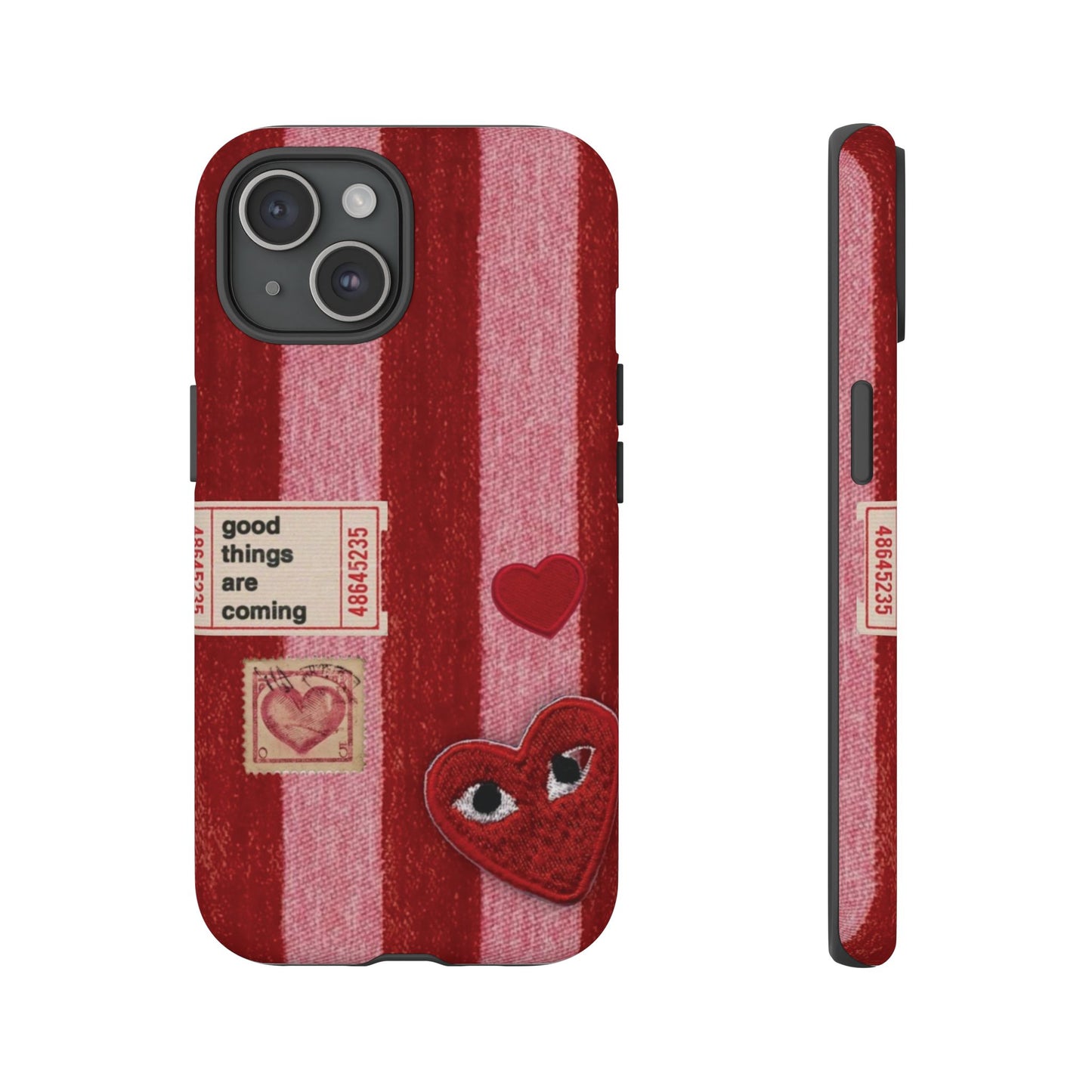 Phone Case — Red Striped Heart Design with “Good Things Are Coming”