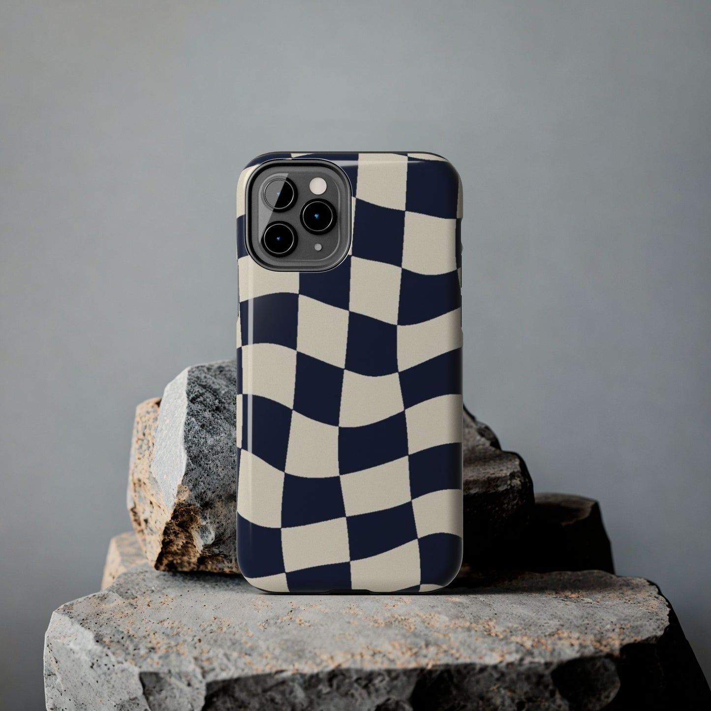 Wavy Checkerboard Tough Phone Case — Navy & Cream Protective Cover