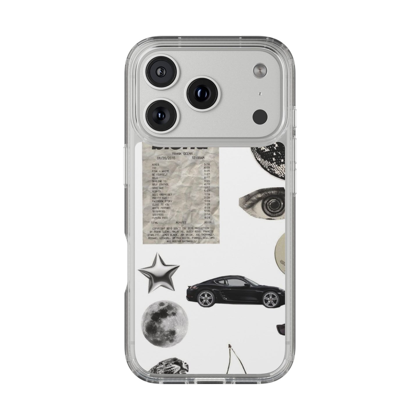 Clear Phone Case — Vintage Collage Stickers (Moon, Eye, Car, Cherries)
