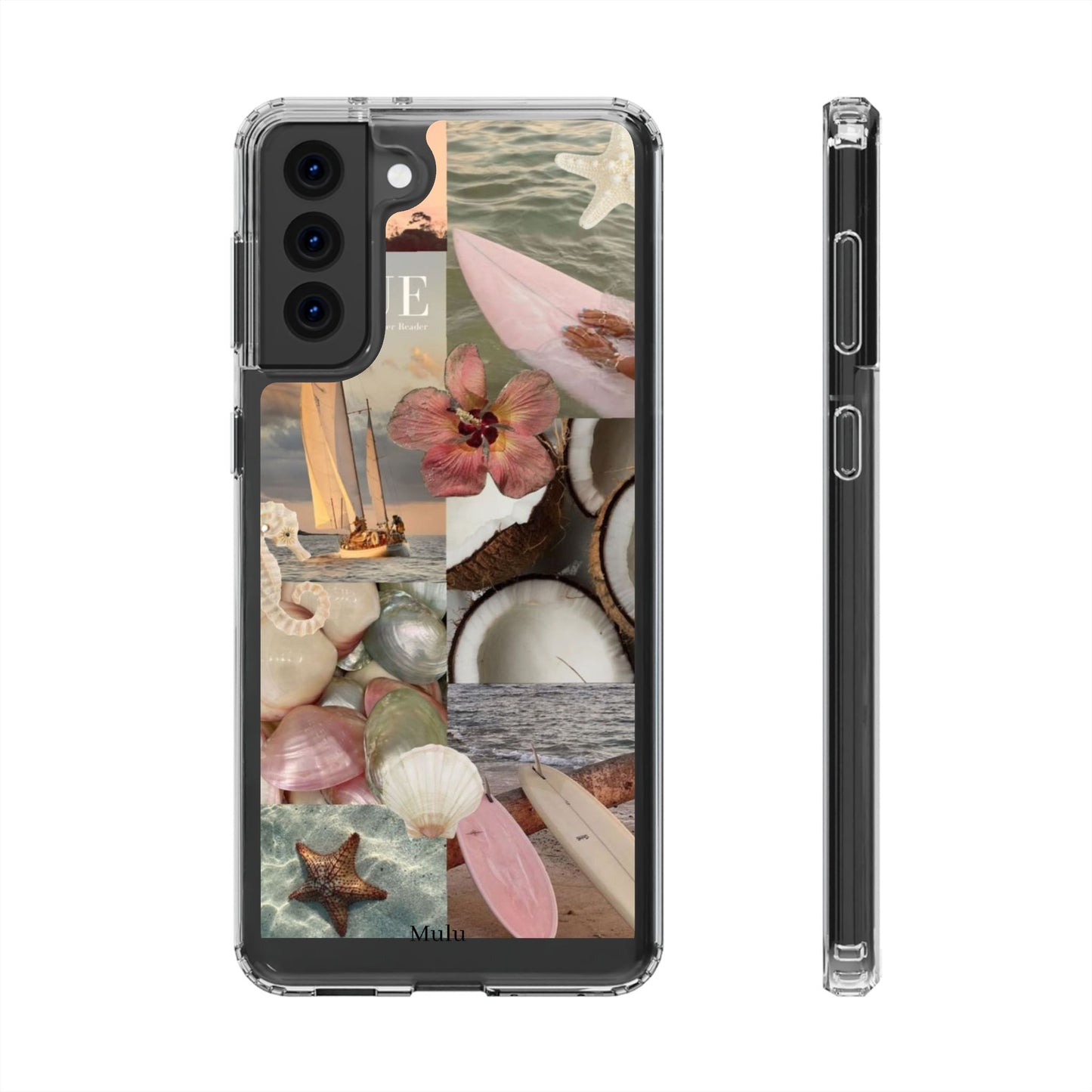 Clear Phone Case — Coastal Collage Shells & Surf Design