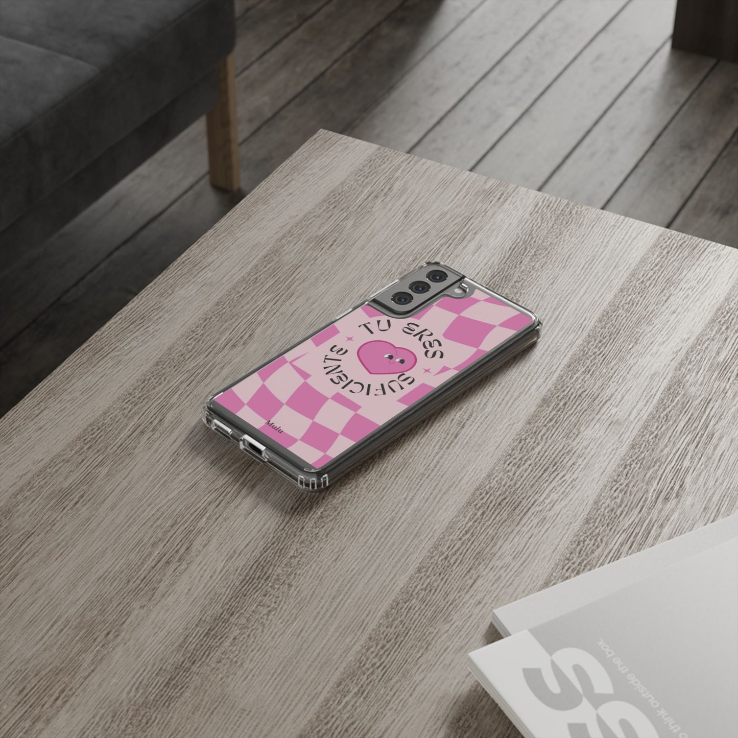 Clear Impact-Resistant Phone Case — Pink Checkerheart “Tu Eres Suficiente” Design