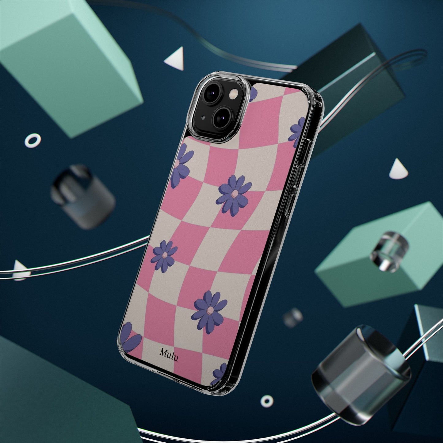 Clear Impact Phone Case — Pink Checkerboard with Purple Flowers