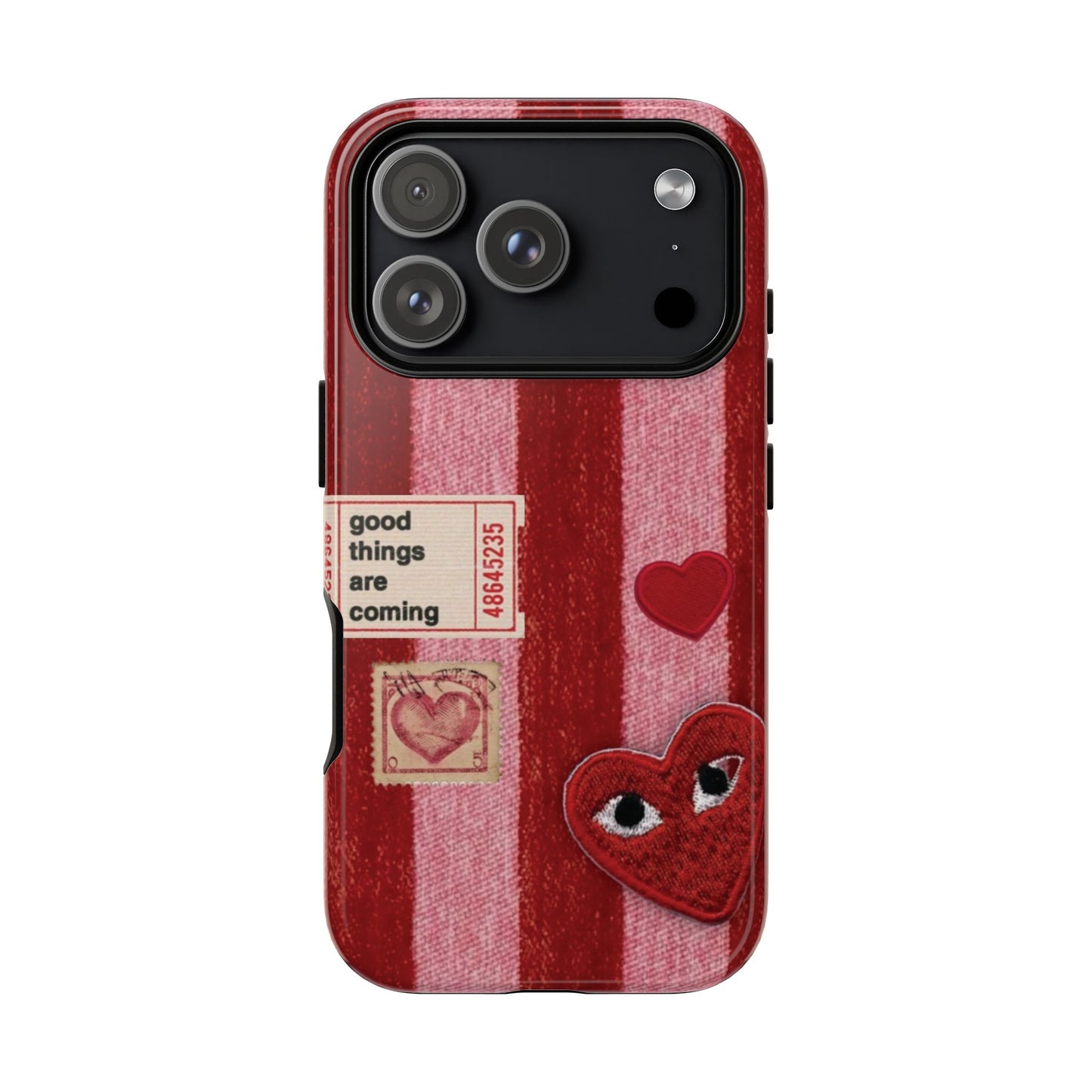 Phone Case — Red Striped Heart Design with “Good Things Are Coming”