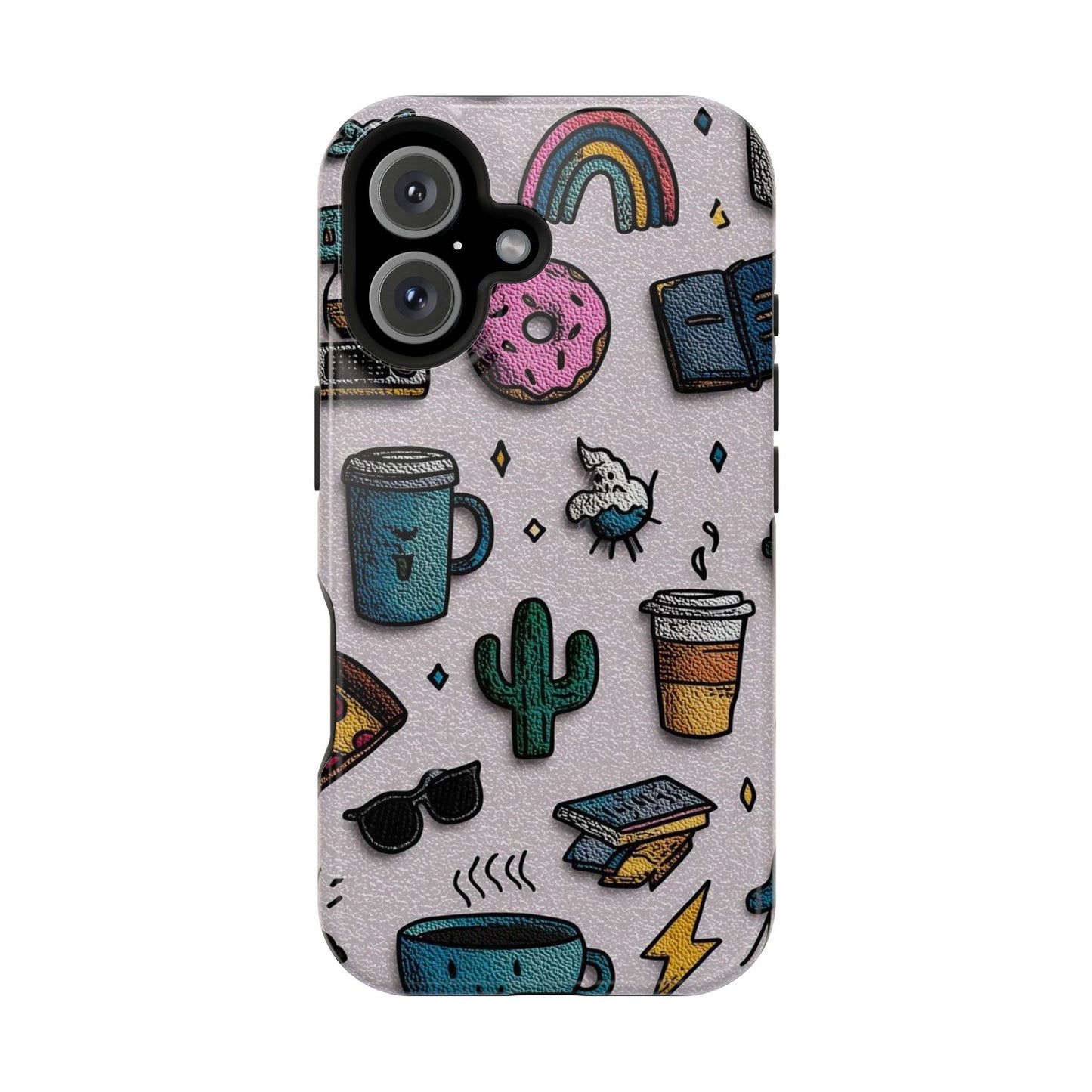 Cute Doodle Phone Case — Magnetic Impact-Resistant Design (coffee, rainbow, cactus)