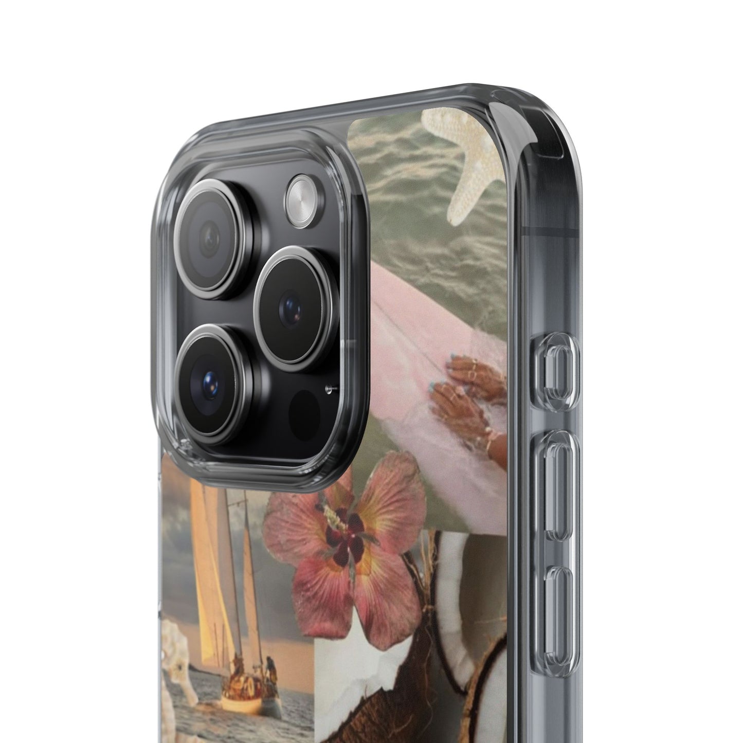 Clear Phone Case — Coastal Collage Shells & Surf Design