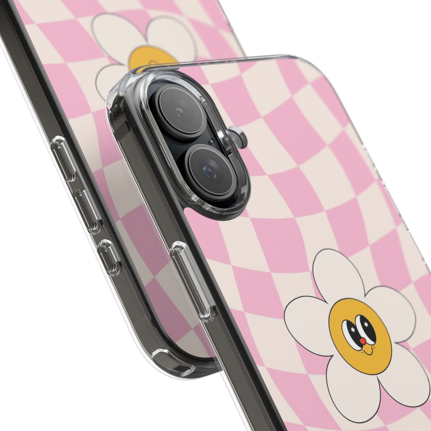 Clear Impact-Resistant Phone Case — Pink Checkerboard Daisy Design