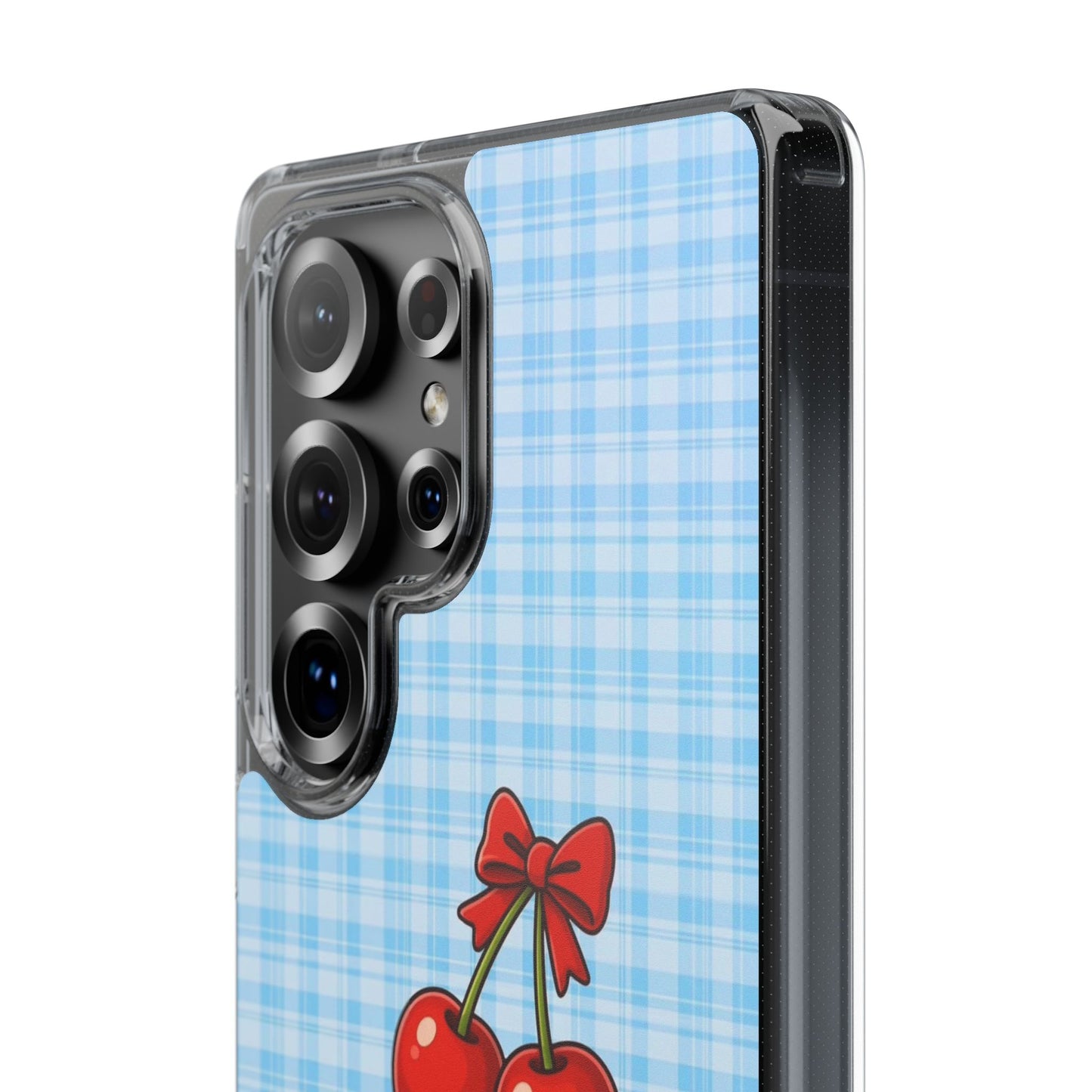 Clear Cherry Gingham Phone Case — Impact-Resistant Clear Case with Red Cherry Design