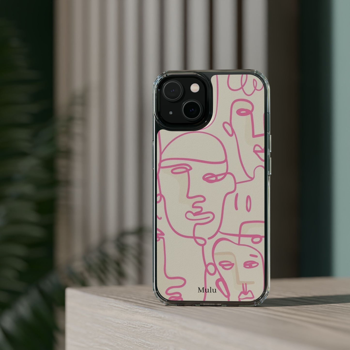 Clear Impact-Resistant Phone Case — Pink Minimalist Line Faces Design