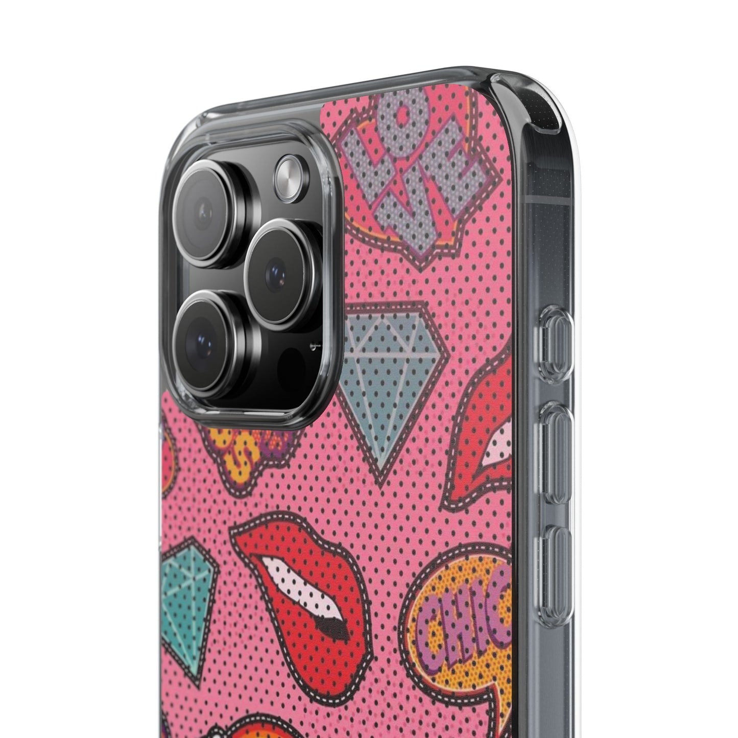 Clear Impact-Resistant Phone Case — Pink Pop Sticker Pattern (Hearts, Rainbows, Smileys)