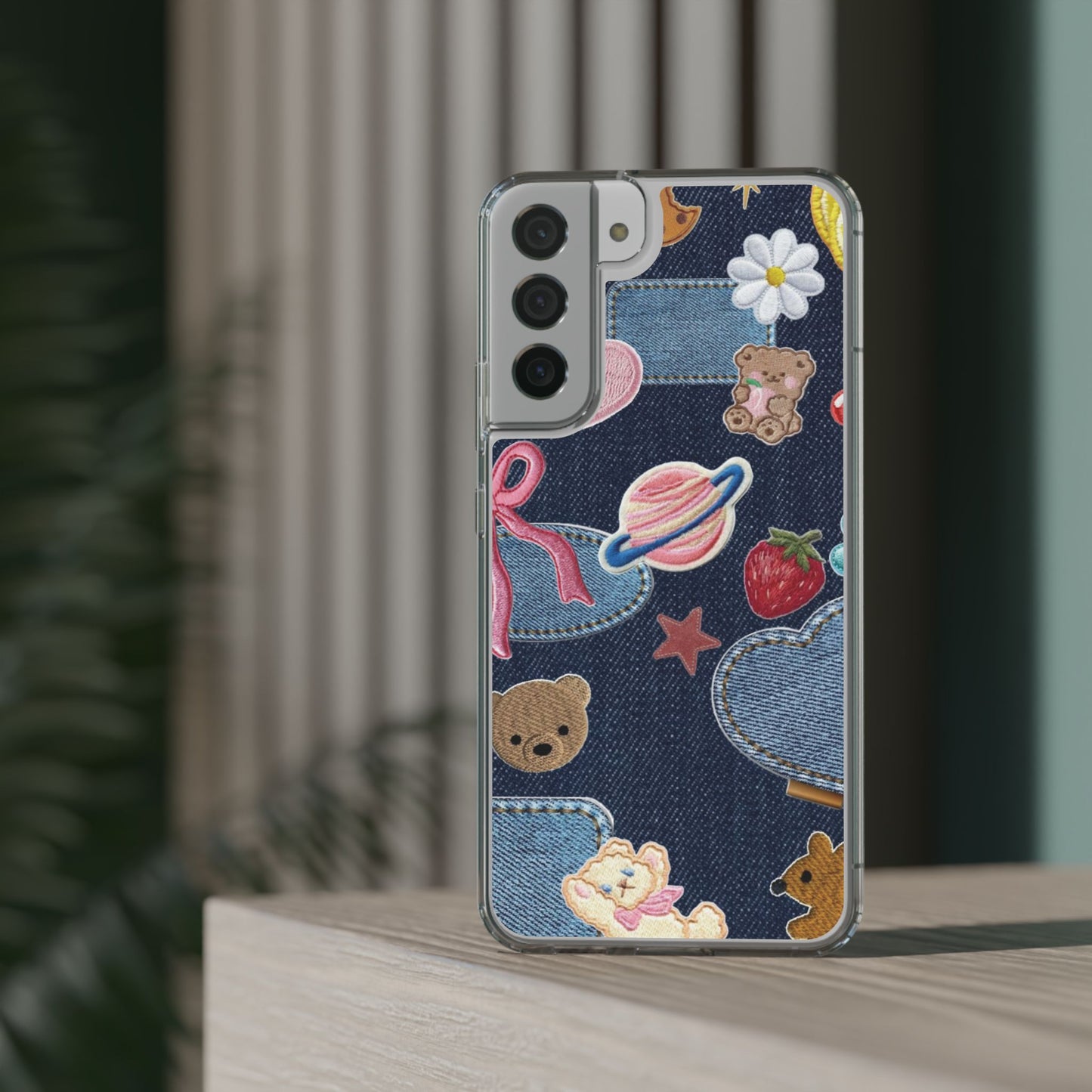 Clear Impact-Resistant Phone Case — Cute Denim Patch Collage (Teddy, Strawberry, Planet)