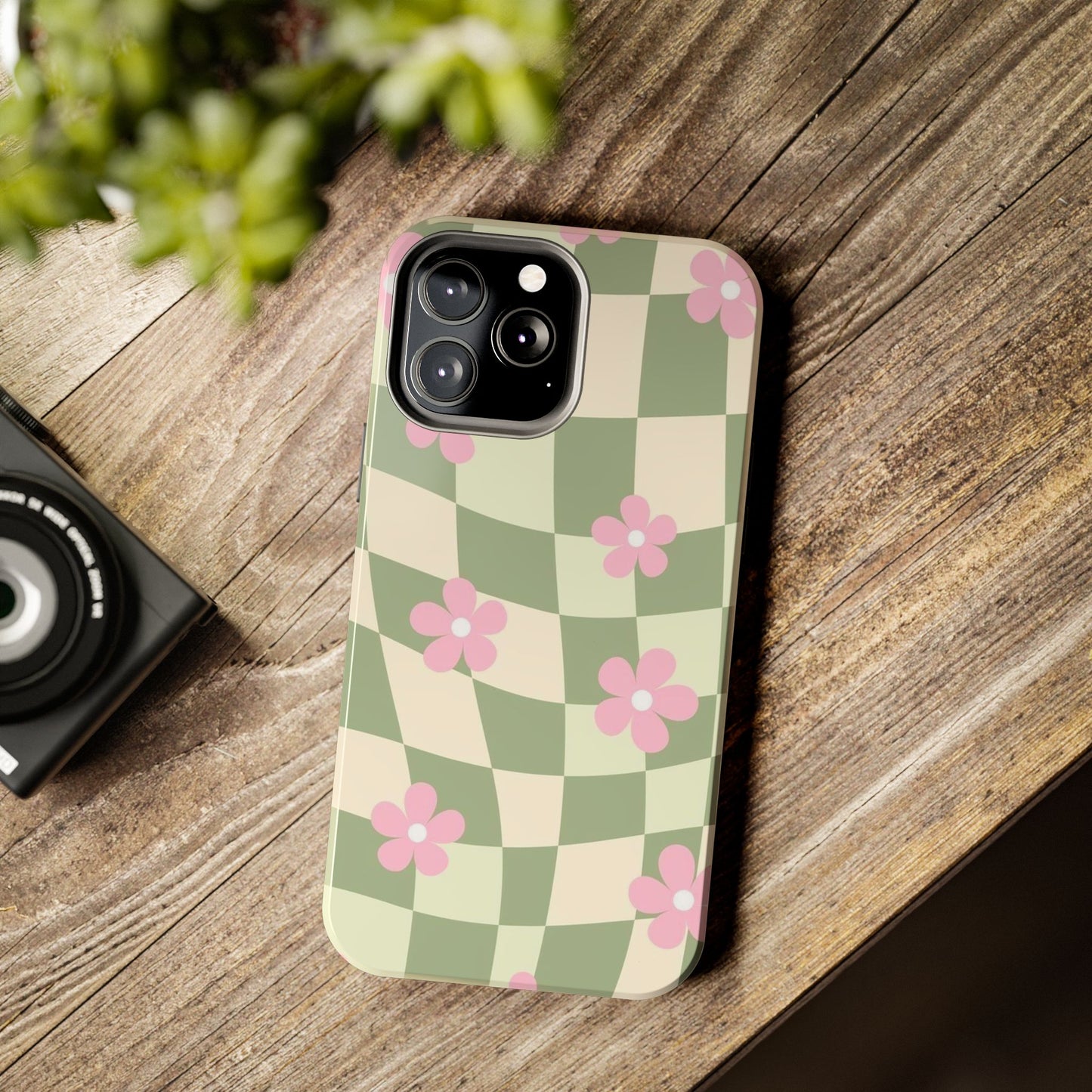 Tough Phone Case — Retro Green Checkerboard with Pink Flowers