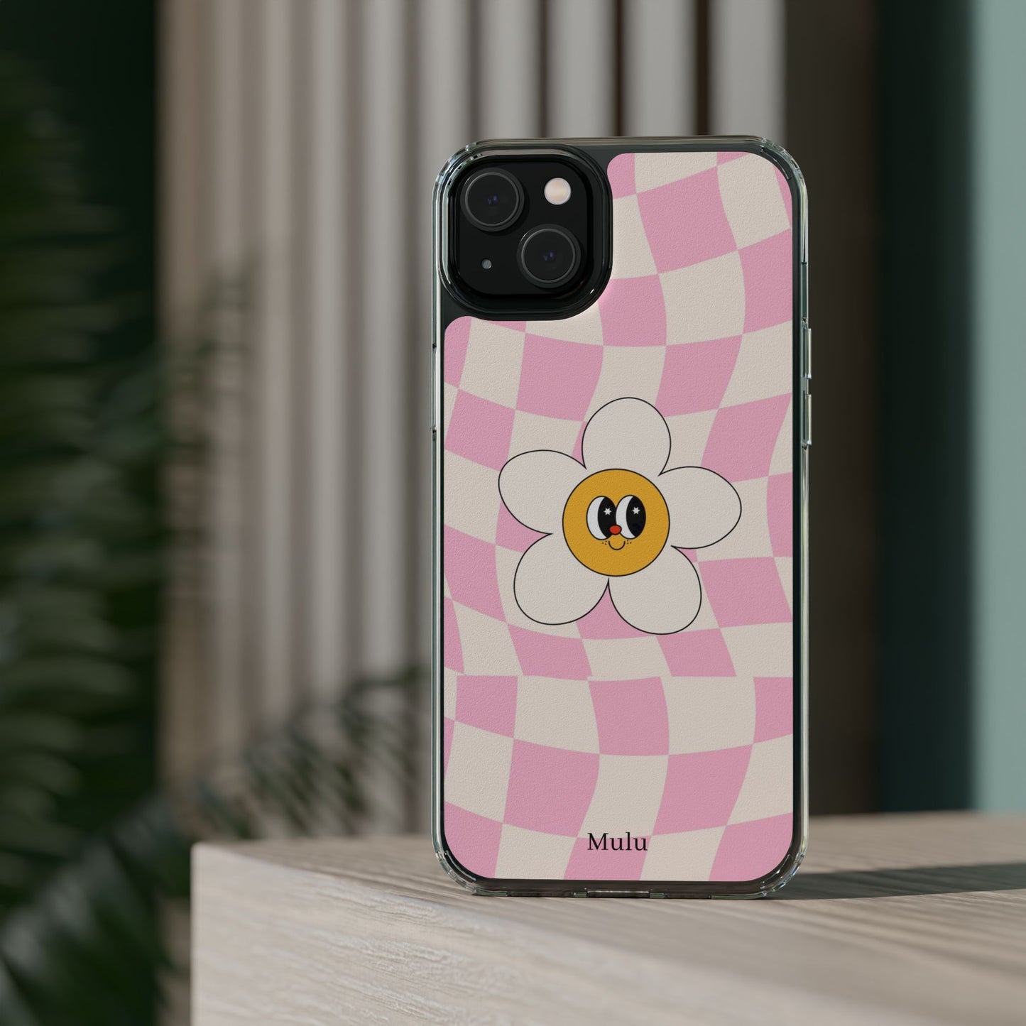 Clear Impact-Resistant Phone Case — Pink Checkerboard Daisy Design