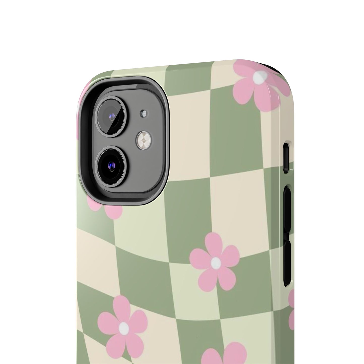 Tough Phone Case — Retro Green Checkerboard with Pink Flowers