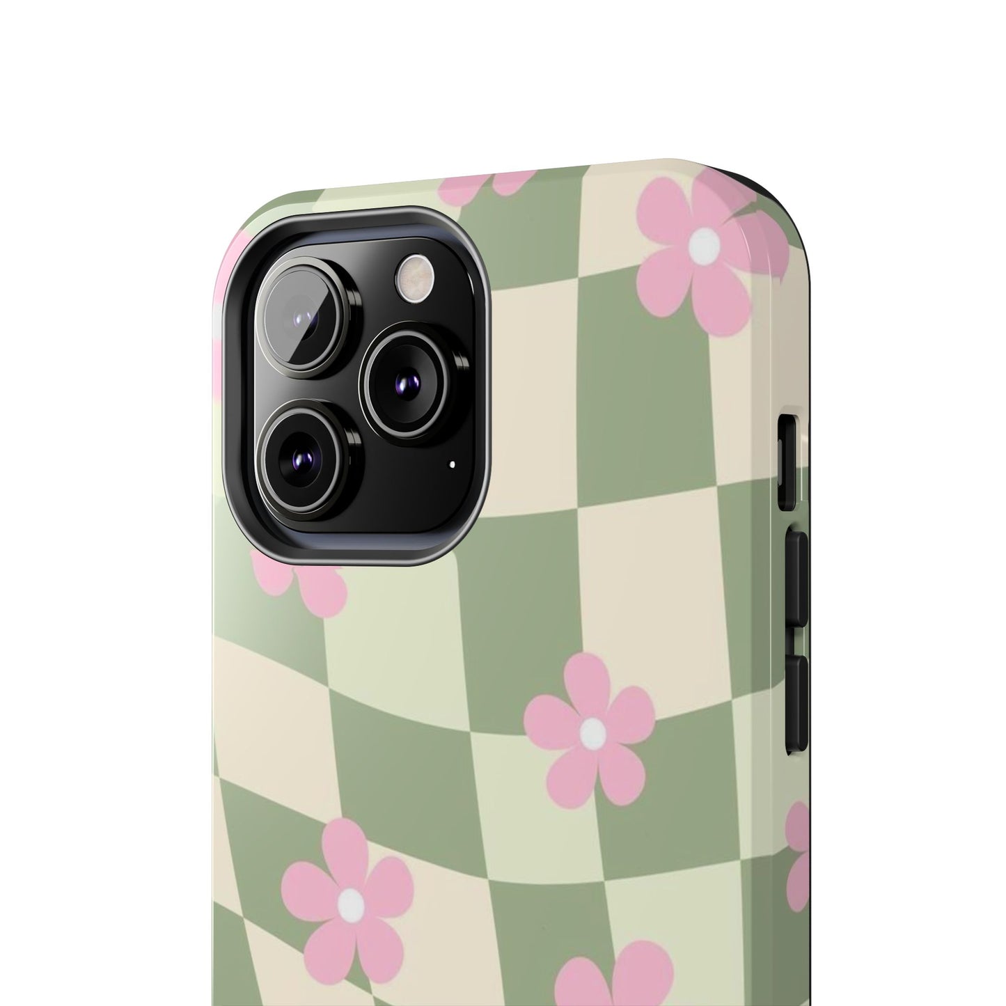 Tough Phone Case — Retro Green Checkerboard with Pink Flowers