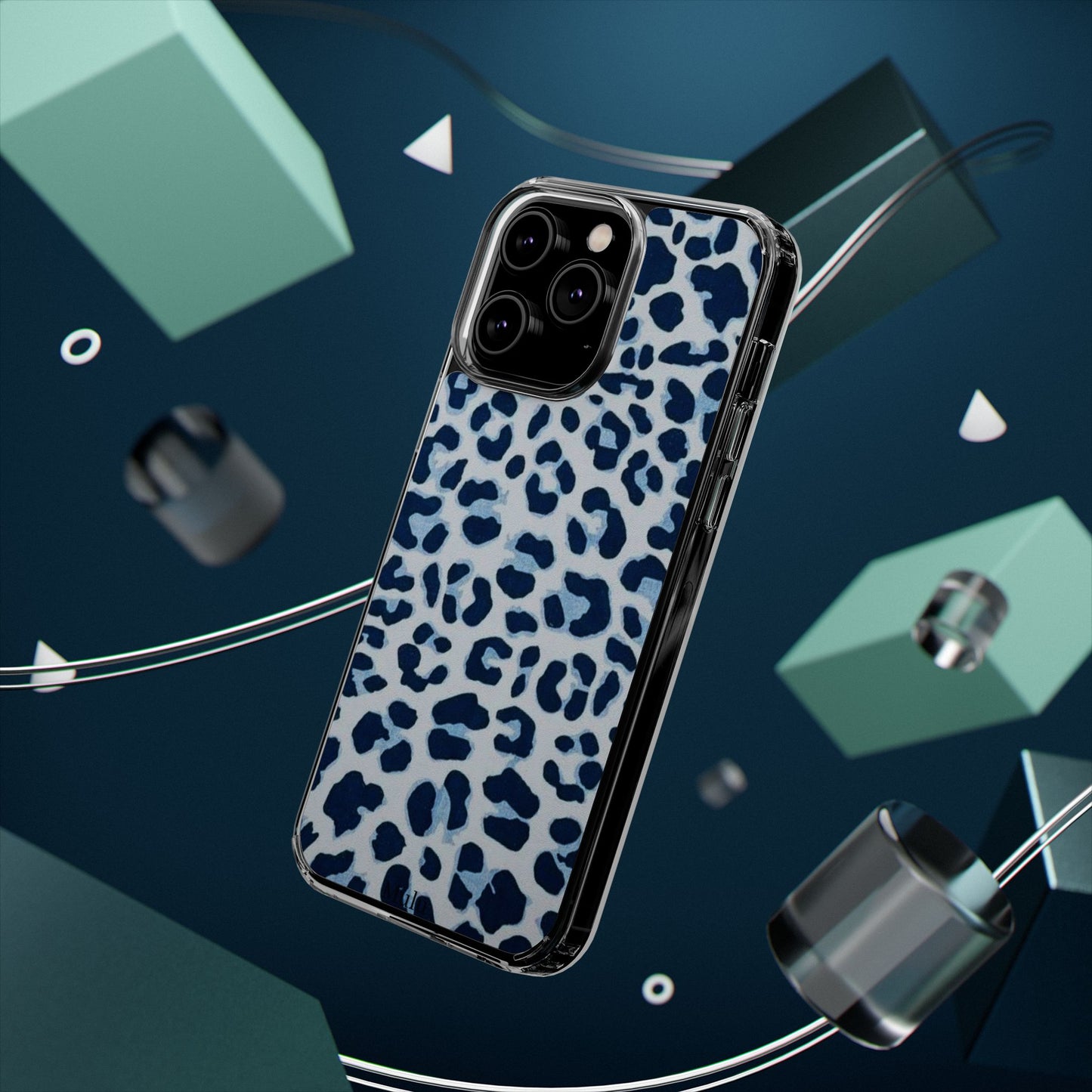 Clear Impact-Resistant Phone Case — Blue Watercolor Leopard Print