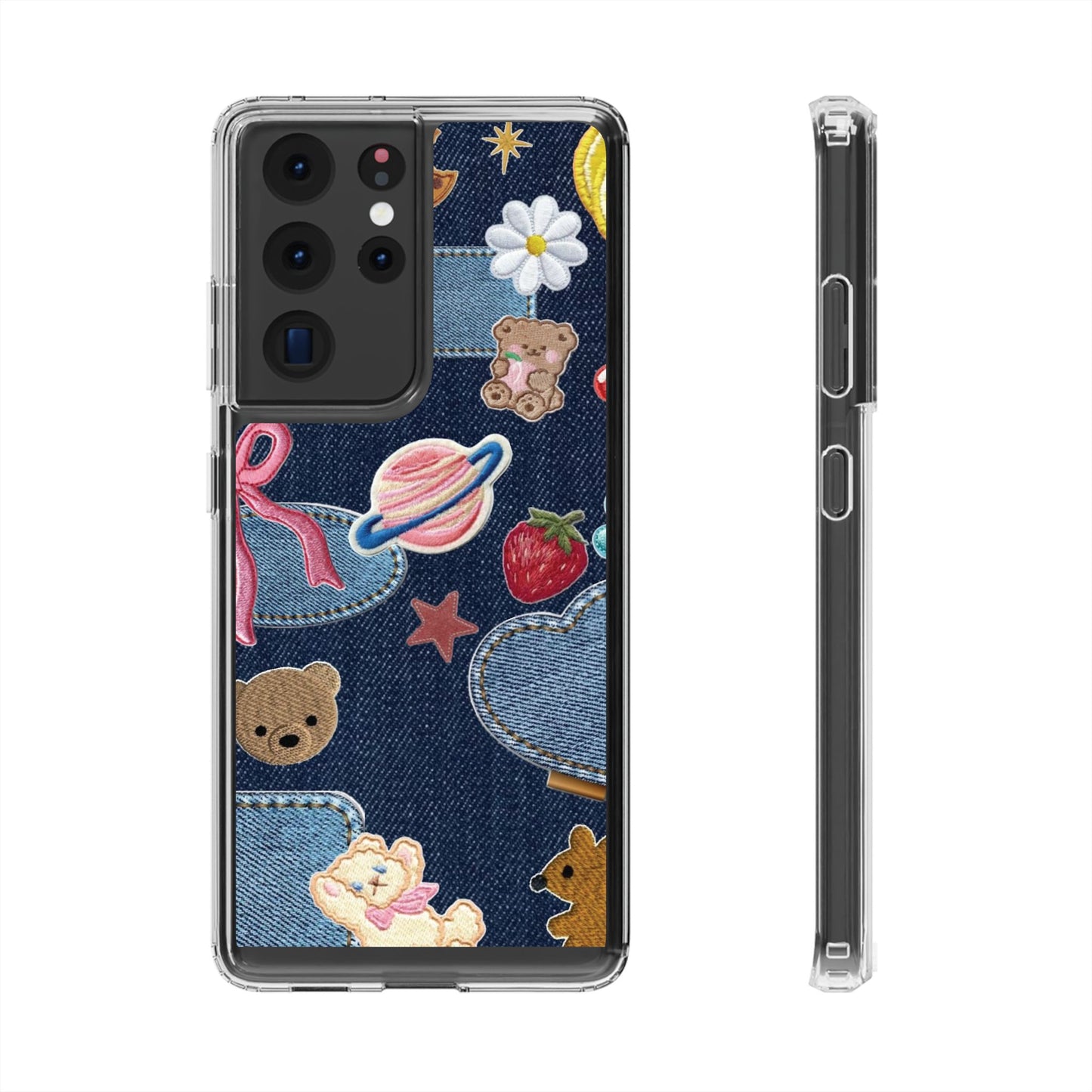 Clear Impact-Resistant Phone Case — Cute Denim Patch Collage (Teddy, Strawberry, Planet)