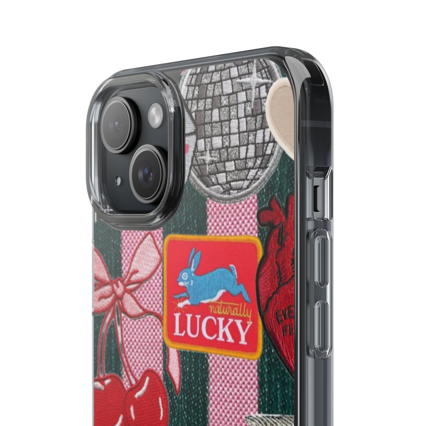 Clear Impact-Resistant Phone Case — Retro Patchwork Stickers (Lucky, Cherries, Silly Goose)