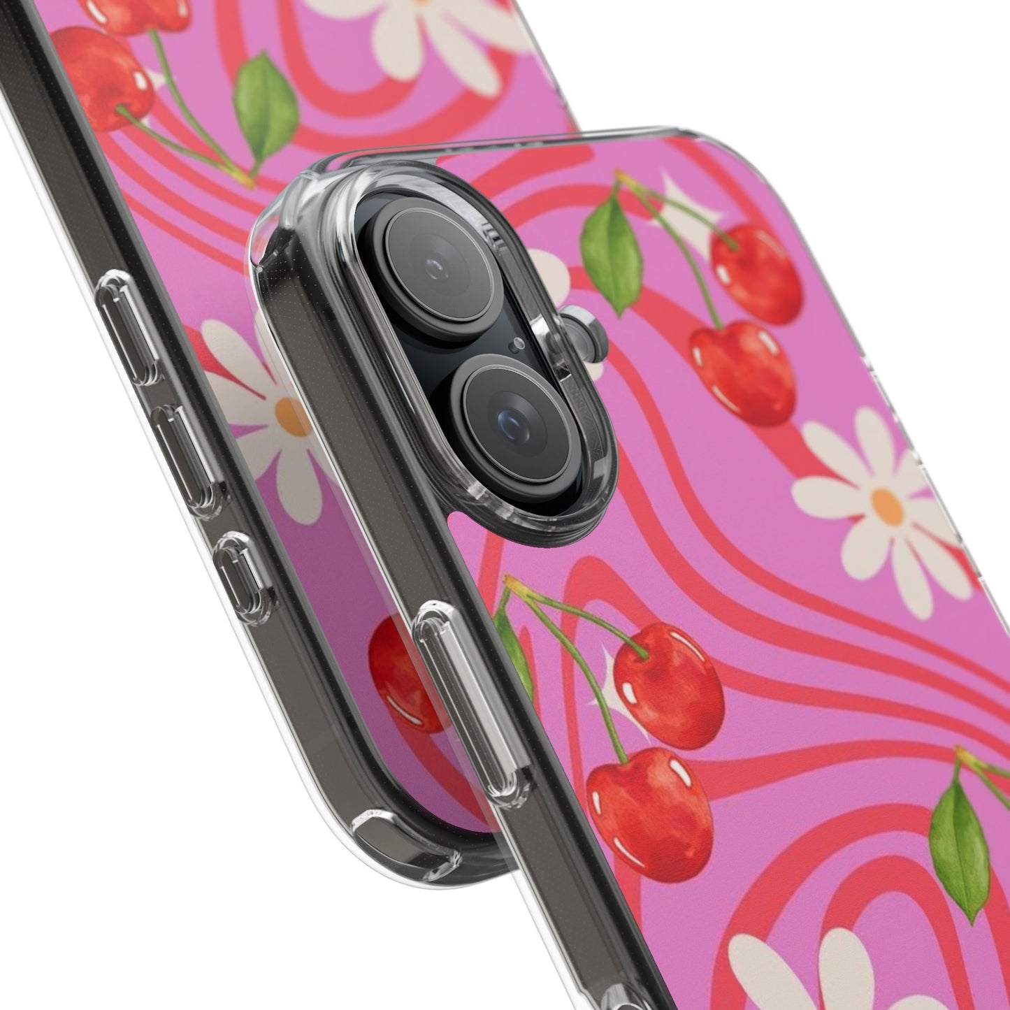 Clear Impact Phone Case — Retro Cherry & Daisy Floral Design
