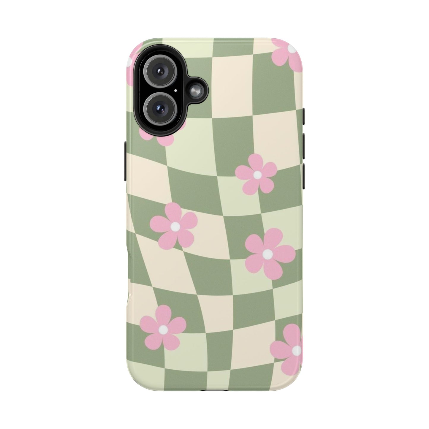 Tough Phone Case — Retro Green Checkerboard with Pink Flowers