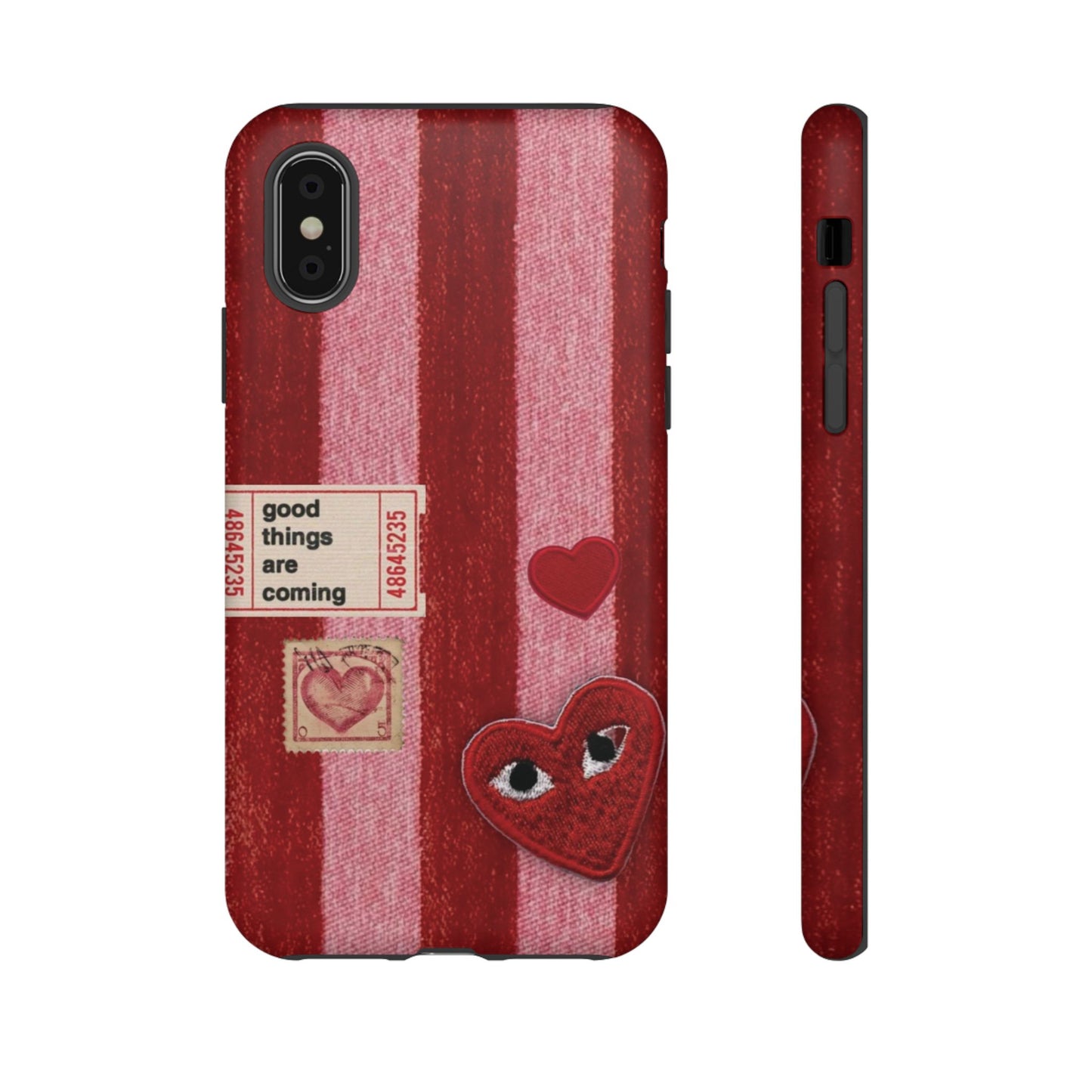 Phone Case — Red Striped Heart Design with “Good Things Are Coming”