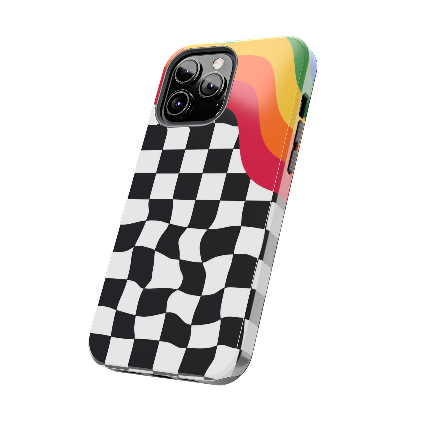 Retro Wavy Checkerboard Tough Phone Case — Rainbow Surf Skate Design