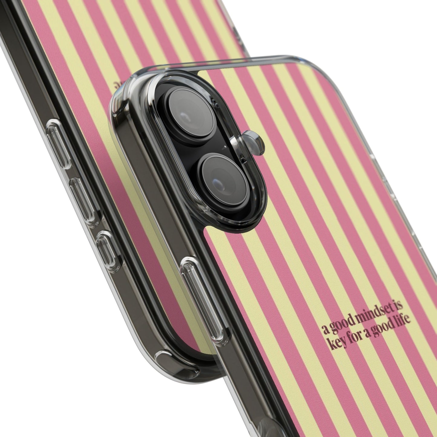 Striped Clear Phone Case — "A Good Mindset Is Key for a Good Life" Motivational iPhone Case