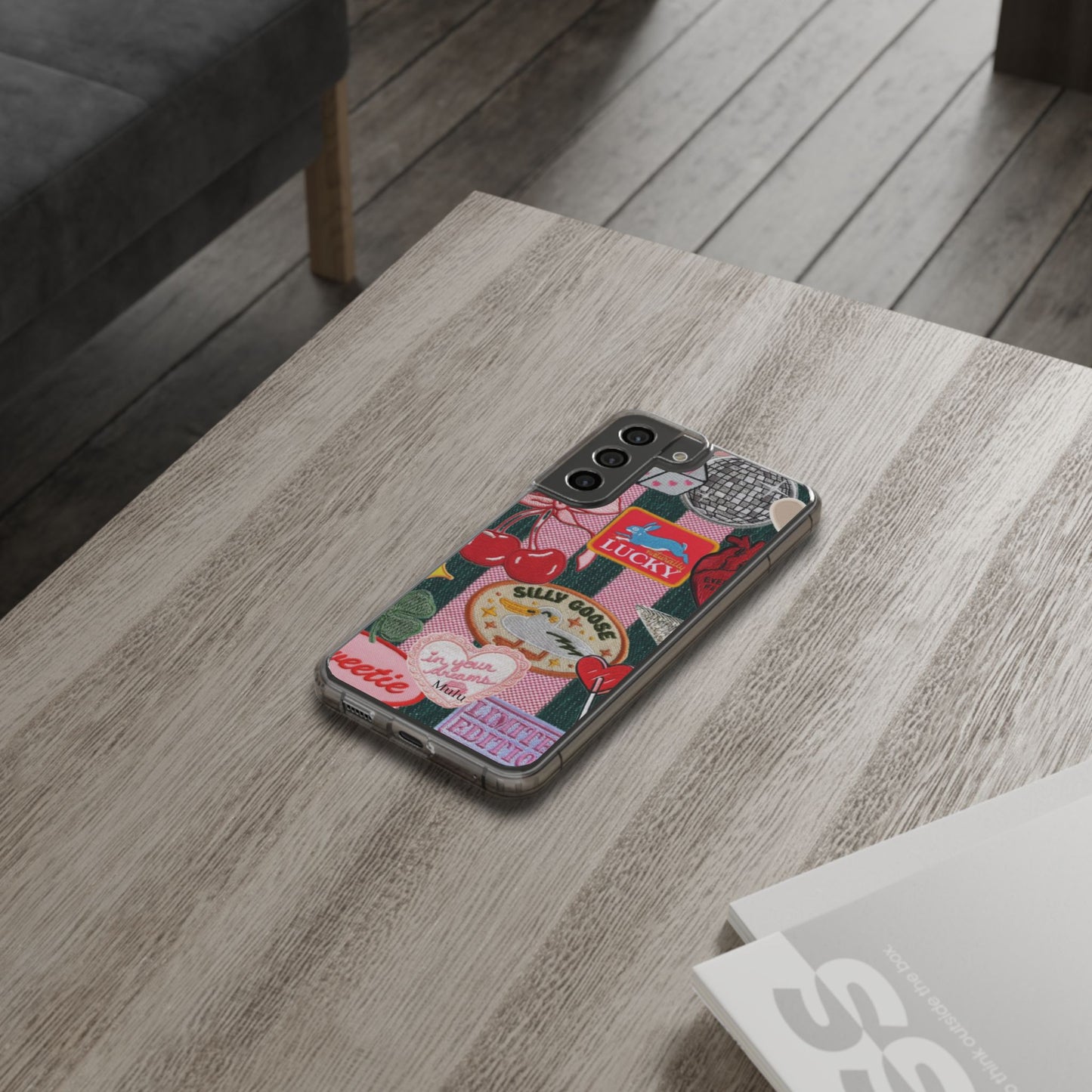 Clear Impact-Resistant Phone Case — Retro Patchwork Stickers (Lucky, Cherries, Silly Goose)